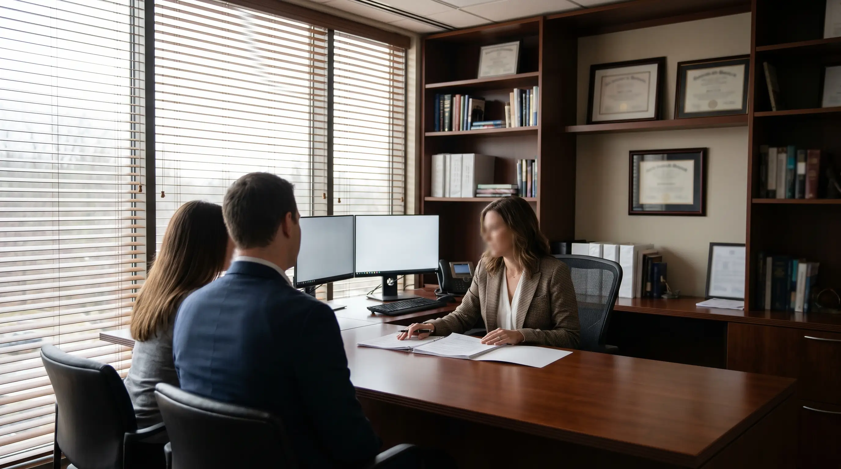 A financial advisor in professional attire sits across a conference table from a professional couple in a warm Wilmington office, reviewing a printed financial plan with credentials on the wall and afternoon light through the windows, communicating indepen