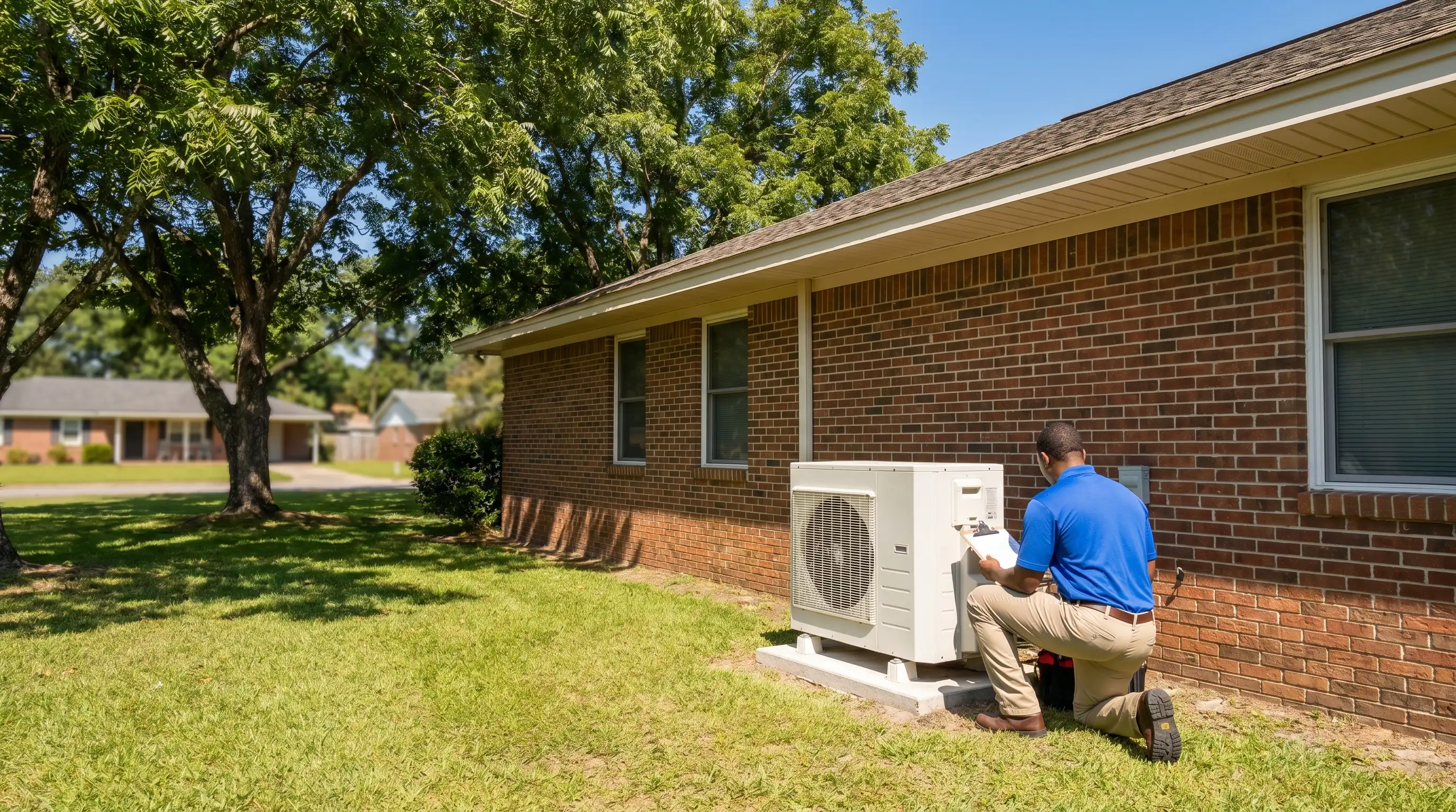 Professional HVAC technician inspecting residential air conditioning unit alongside brick home in Albany, GA