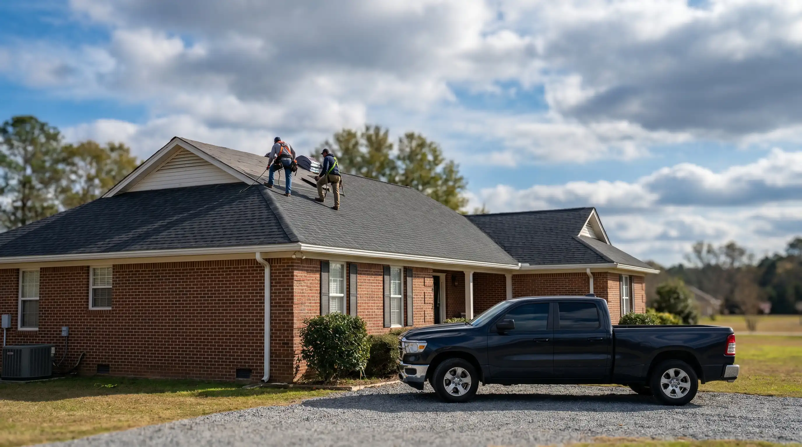 Professional roofing contractor in safety harness inspecting storm-damaged roof on brick ranch home in Albany, GA