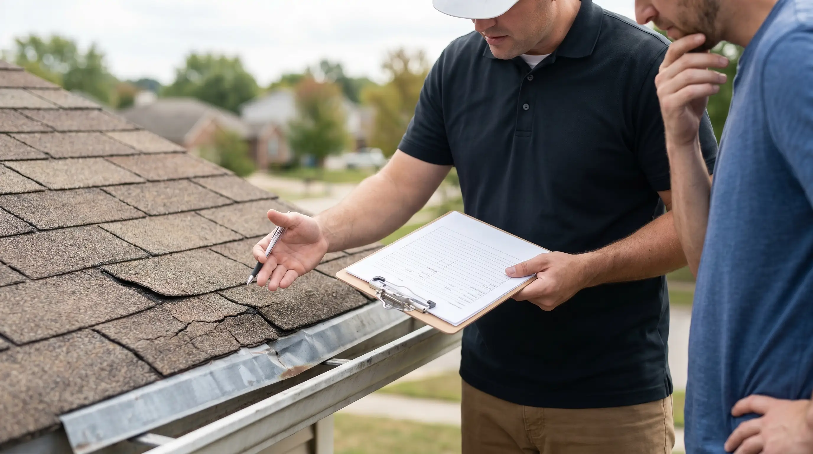 Professional roofing contractor in safety harness inspecting storm-damaged roof on brick ranch home in Albany, GA