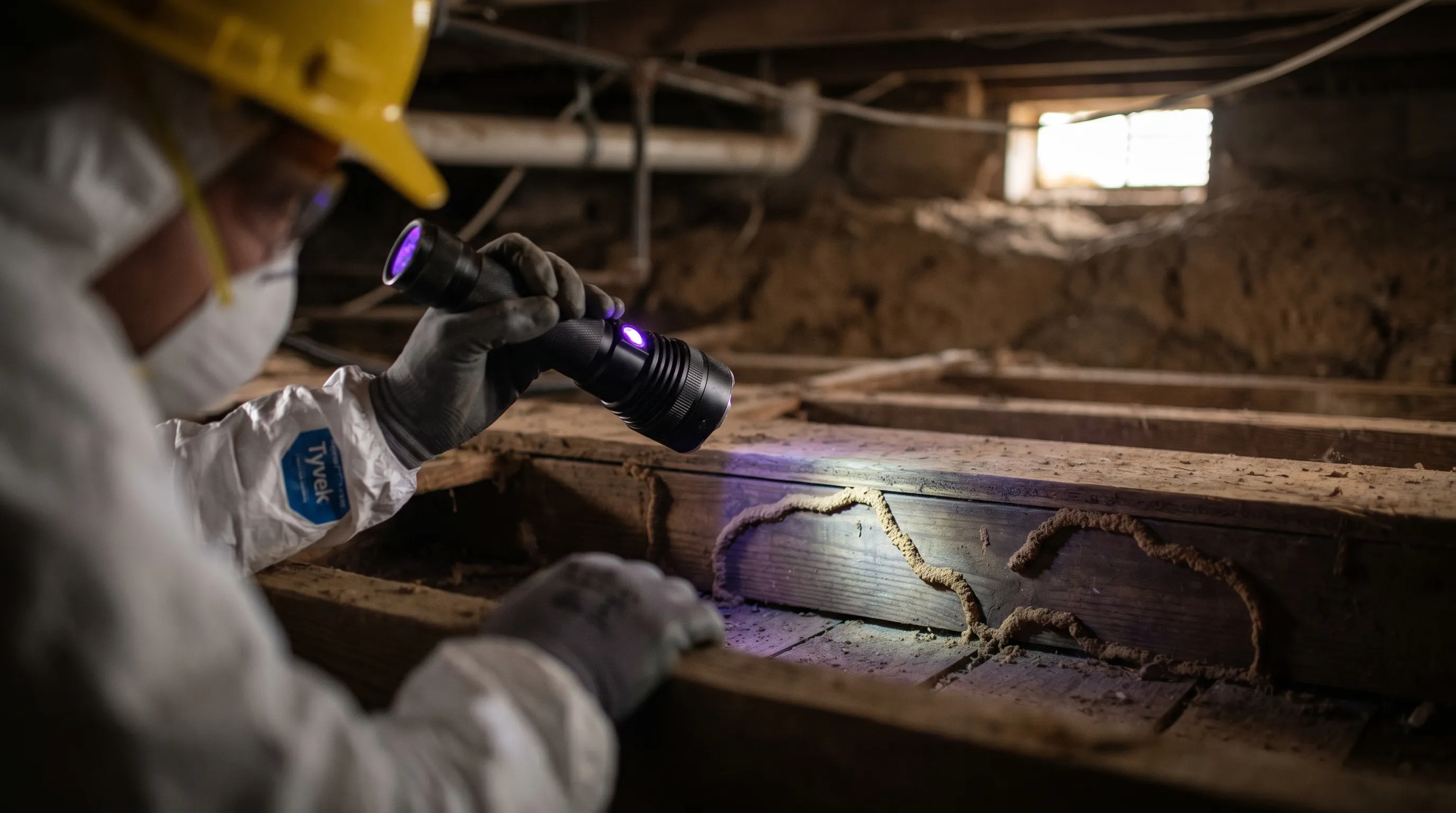 Pest control specialist in protective gear inspecting wooden joists for termite damage in Albany, GA home crawl space
