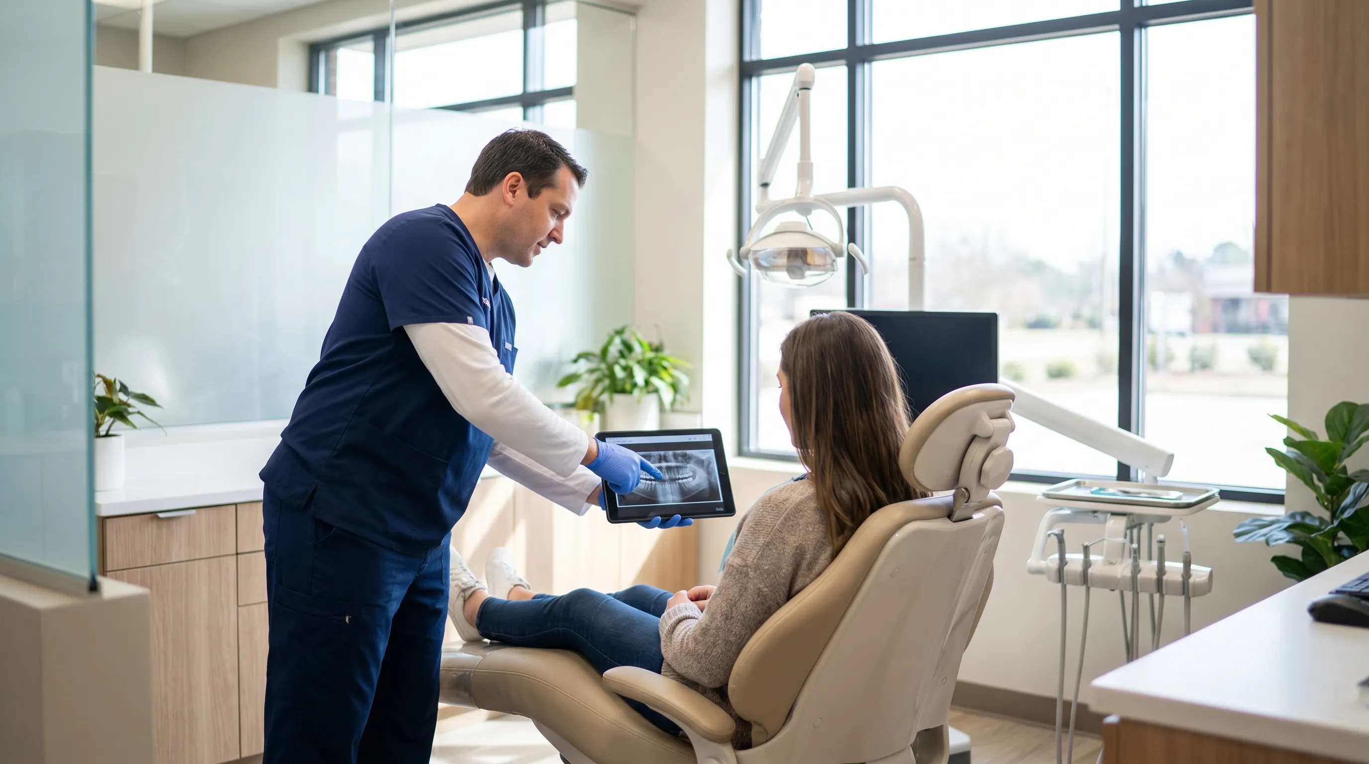 Dentist consulting with patient in modern Albany, GA dental office, reviewing X-rays on a tablet screen