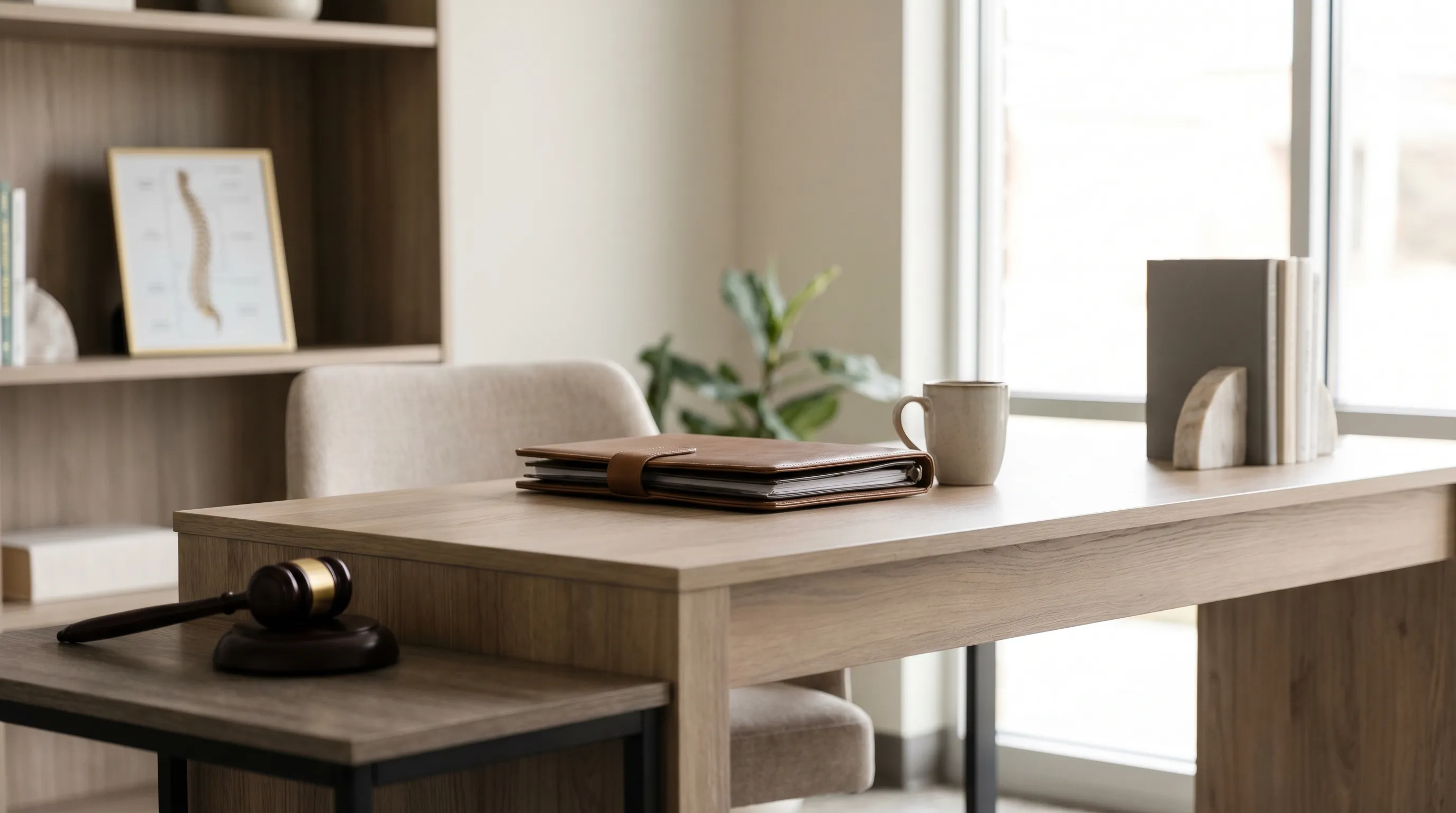Personal injury attorney consulting with client across desk in professional Albany, GA law office, legal documents visible on desk