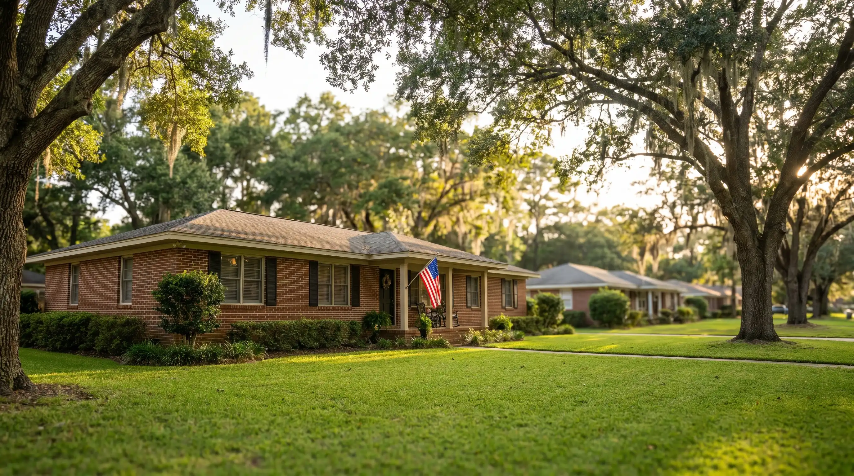 Real estate agent walking a young couple through a bright, open-plan living room of a recently renovated brick home in Albany, GA, with natural light and hardwood floors