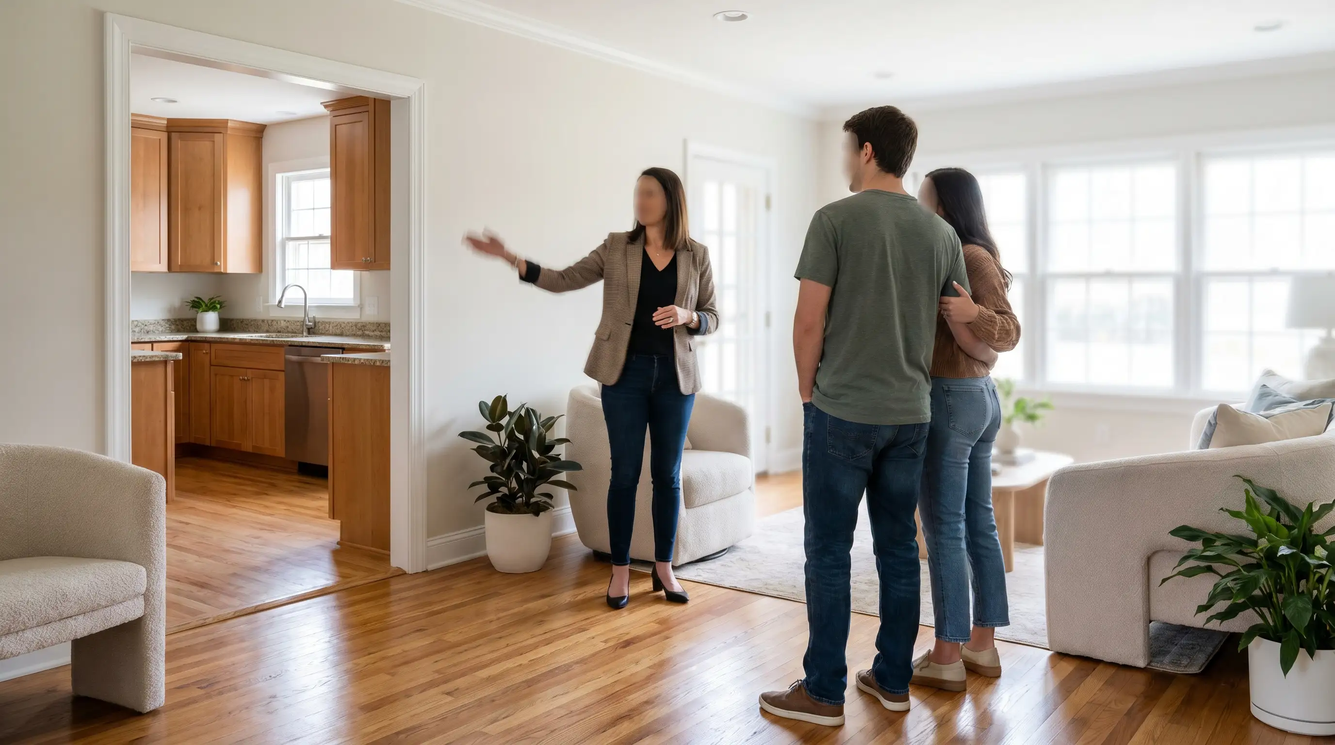 Real estate agent walking a young couple through a bright, open-plan living room of a recently renovated brick home in Albany, GA, with natural light and hardwood floors