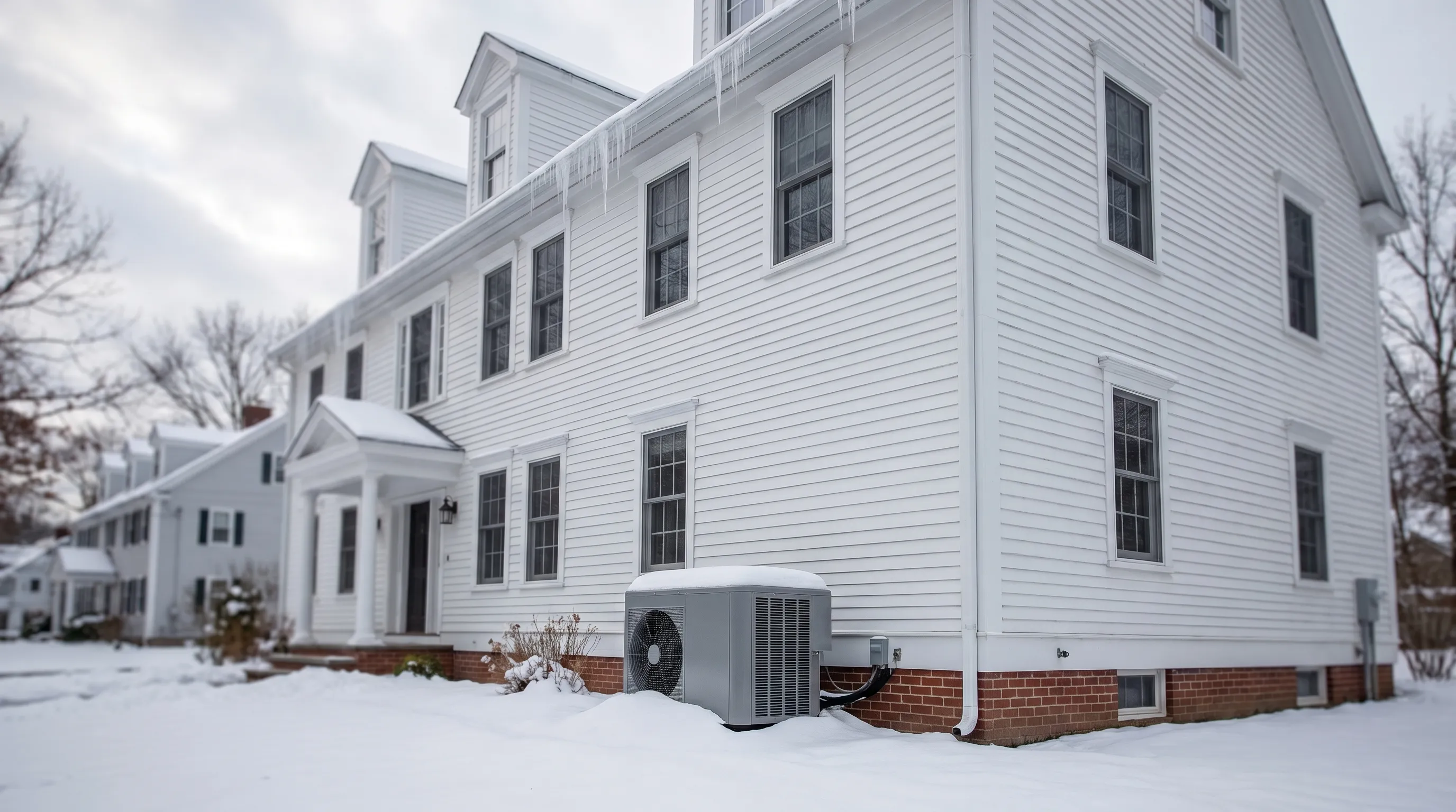 Professional HVAC technician inspecting a wall-mounted heat pump unit inside a Portland, ME home, with a tablet showing system diagnostics
