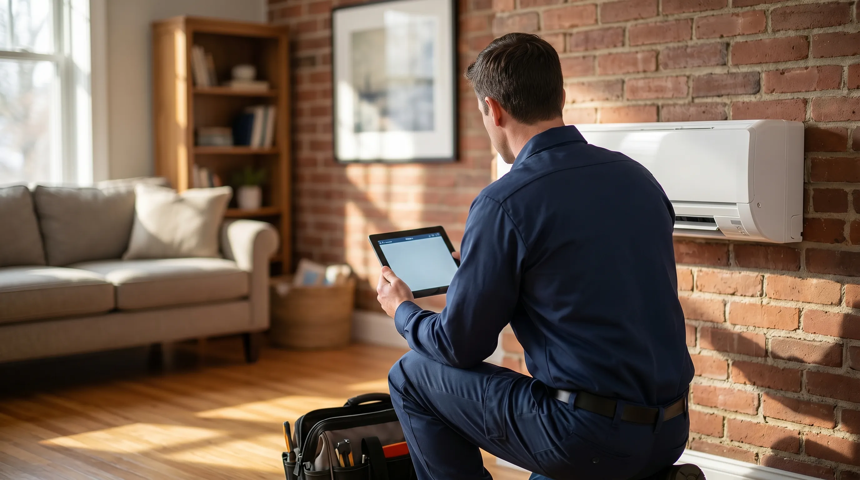 Professional HVAC technician inspecting a wall-mounted heat pump unit inside a Portland, ME home, with a tablet showing system diagnostics