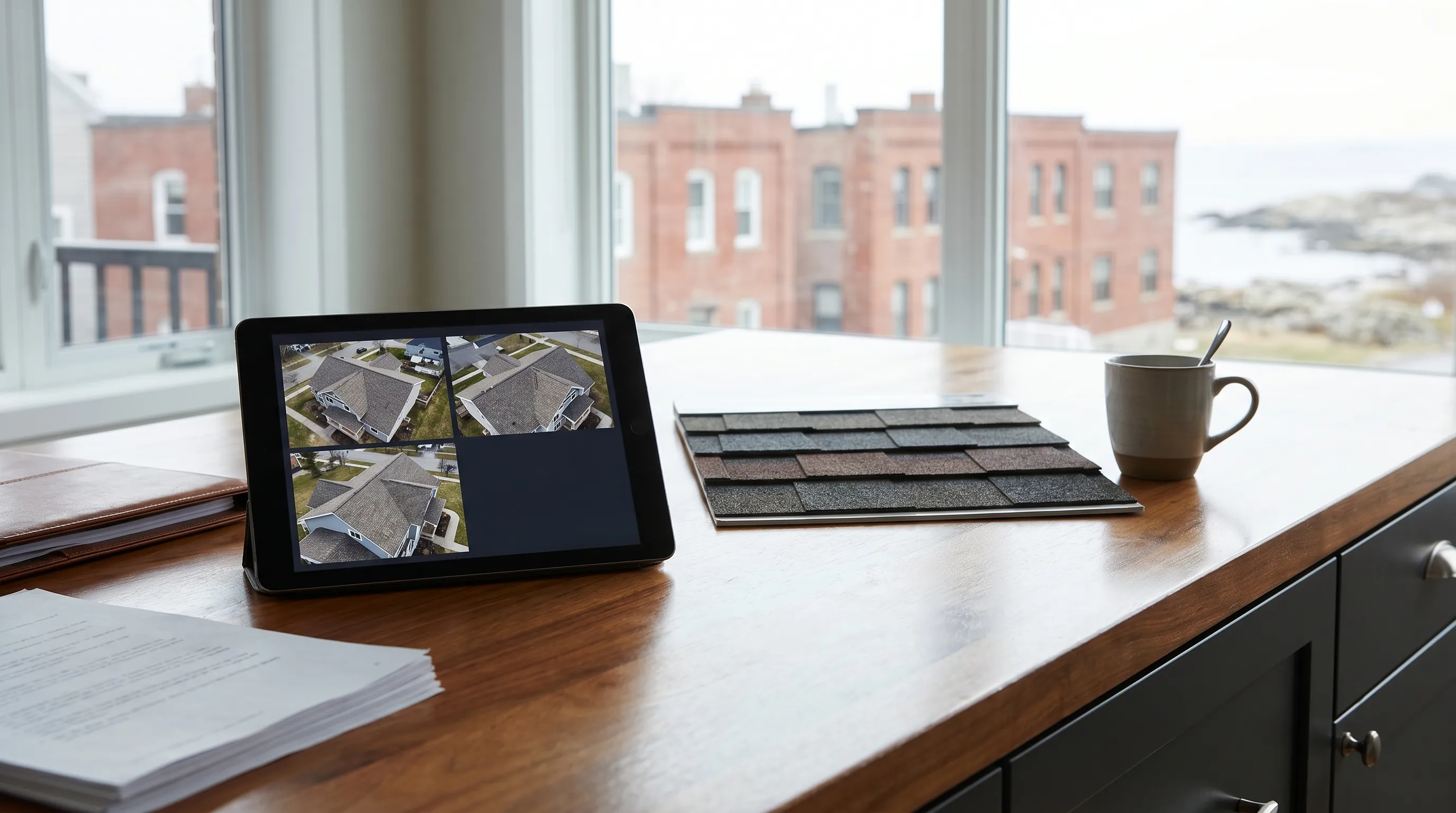 Roofing contractor reviewing a project estimate on a tablet with a homeowner in Portland, ME, with roofing samples visible on the kitchen table