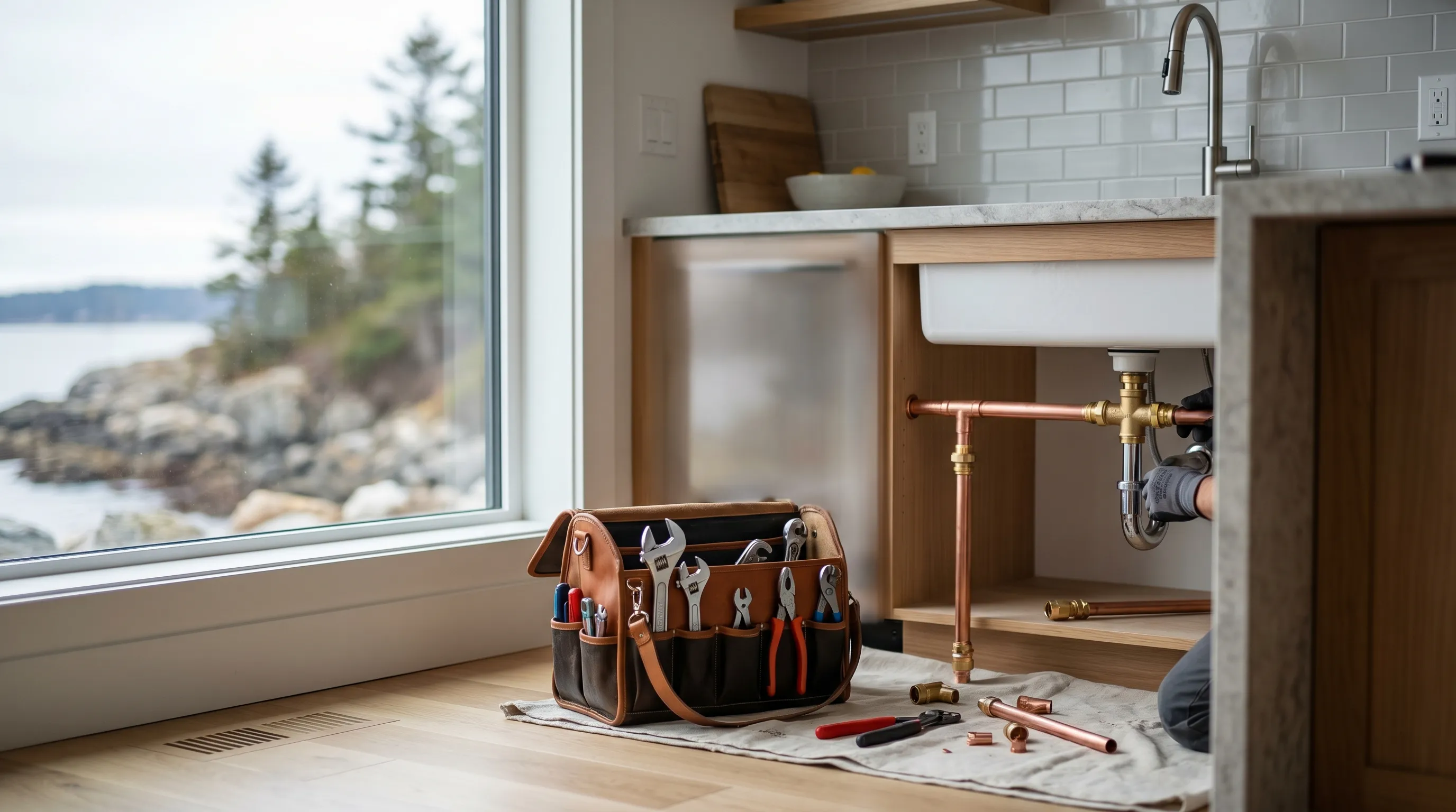Licensed plumber installing copper pipe fittings under a kitchen sink in a Portland, ME home, with professional tools visible