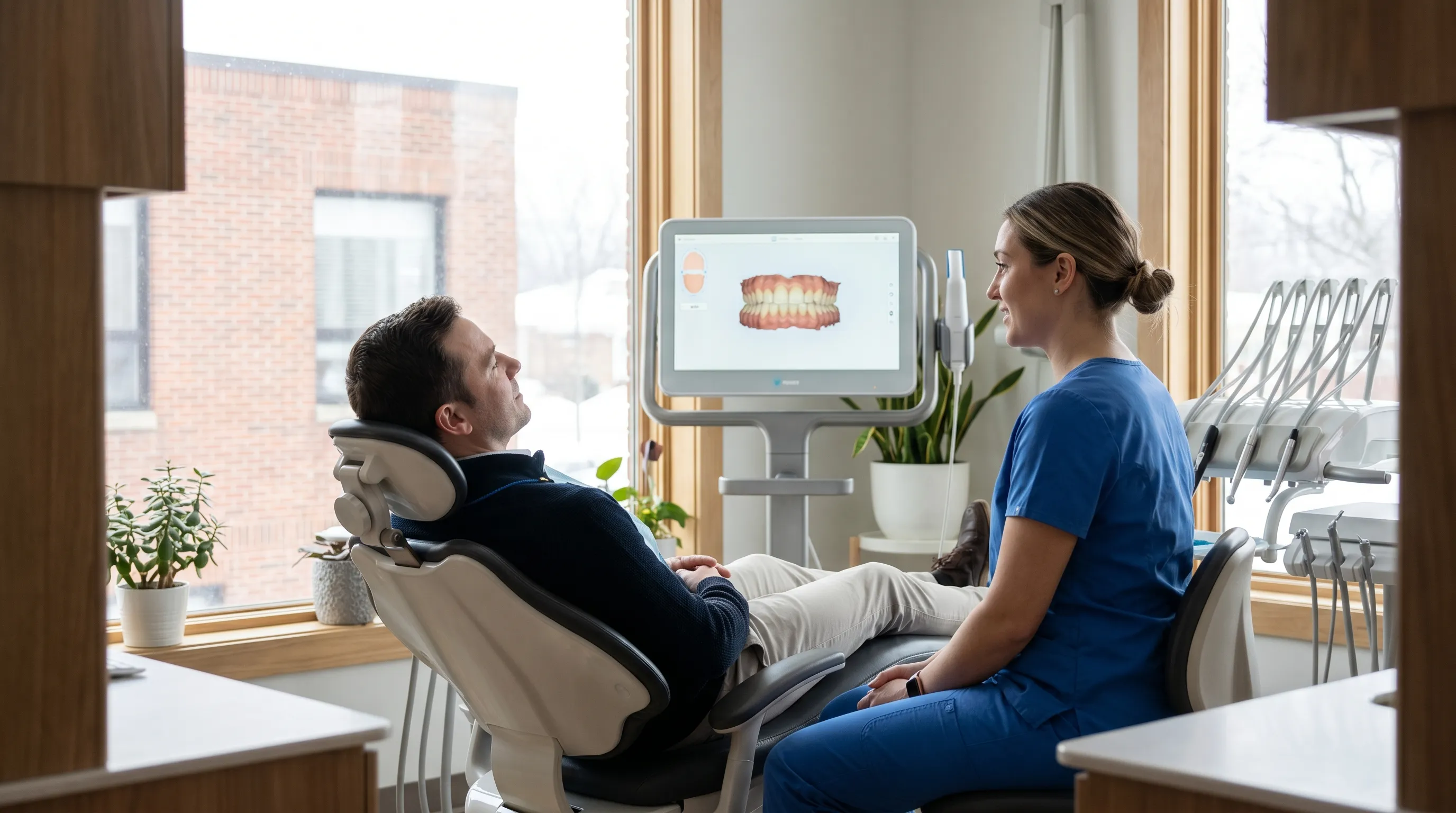 Dentist consulting with a patient using an intraoral scan display in a modern dental office in Portland, ME