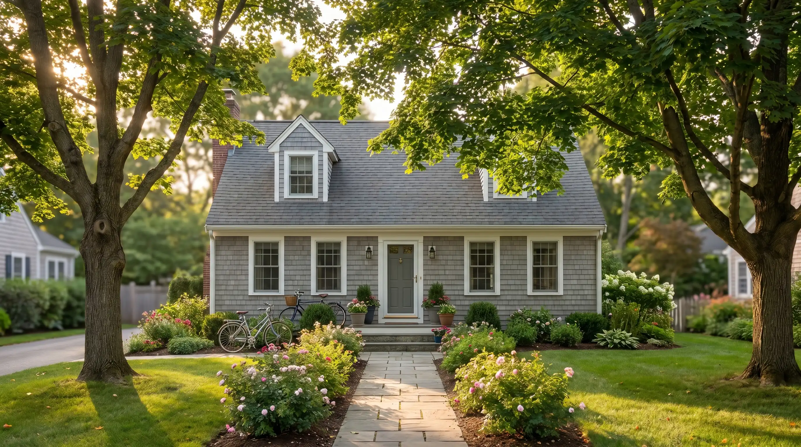 Professional caregiver assisting an elderly woman down the front steps of a Portland, ME Cape Cod home on a bright summer morning