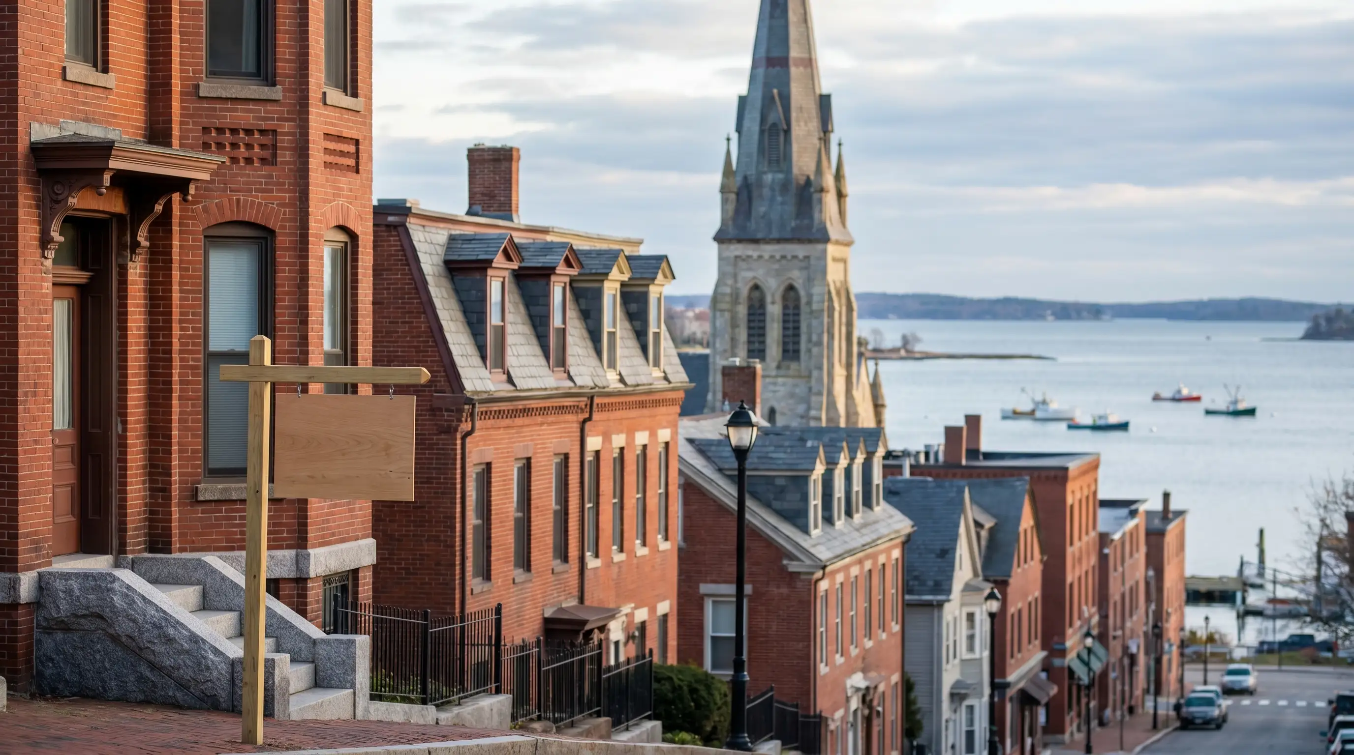 Real estate agent showing a renovated Victorian home to a couple on a tree-lined street in Portland, ME East End neighborhood