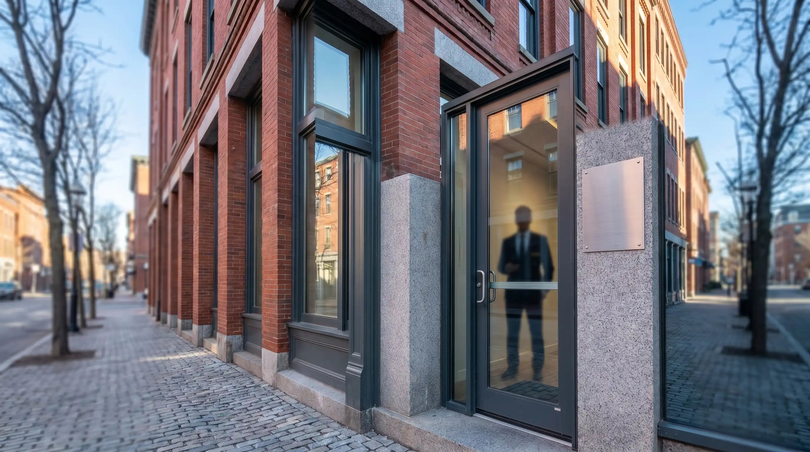 Attorney in a professional consultation with a client in a modern conference room inside a Portland, ME Old Port brick office building