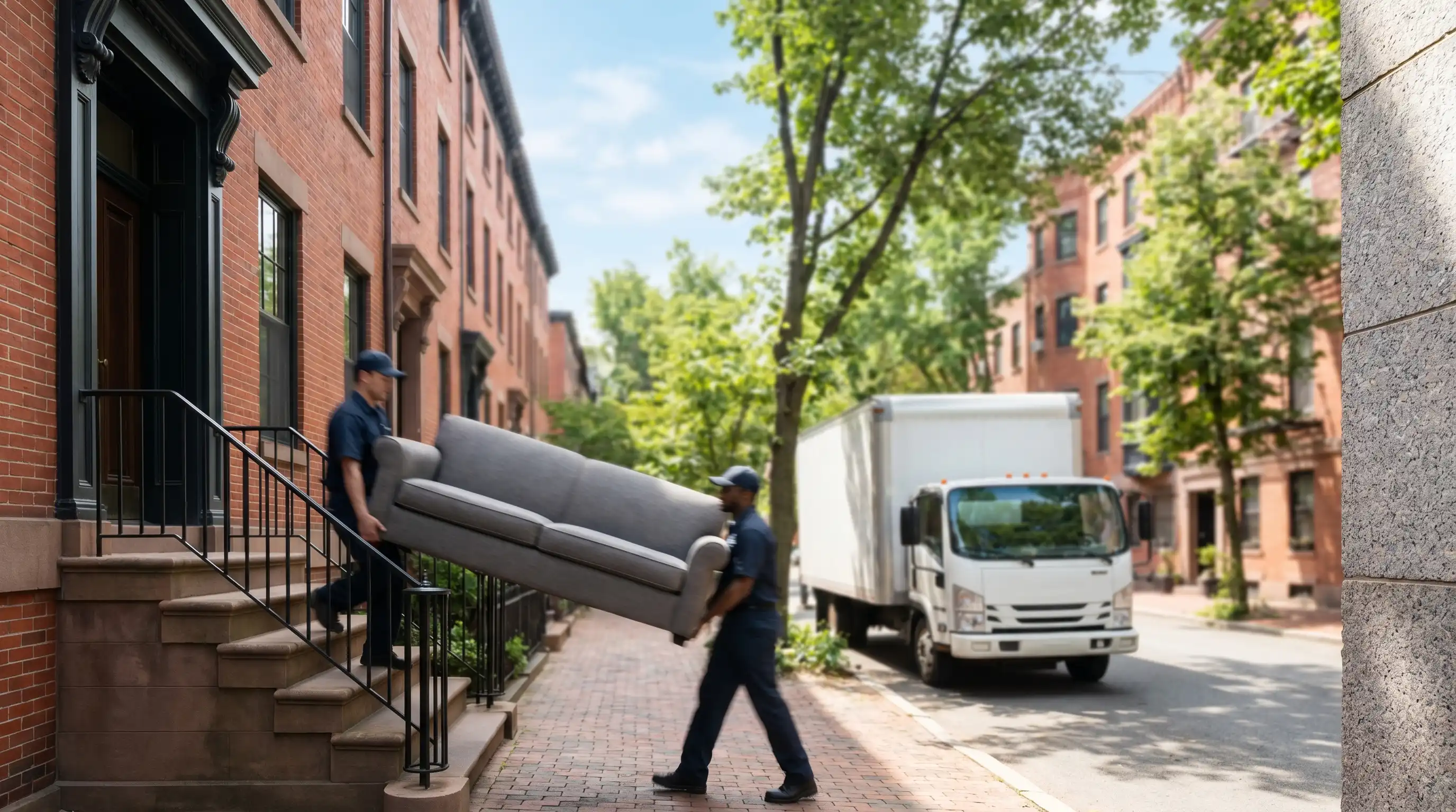 Two professional movers carrying furniture into a Portland, ME brick rowhouse on a sunny summer morning with a moving truck parked on the tree-lined street