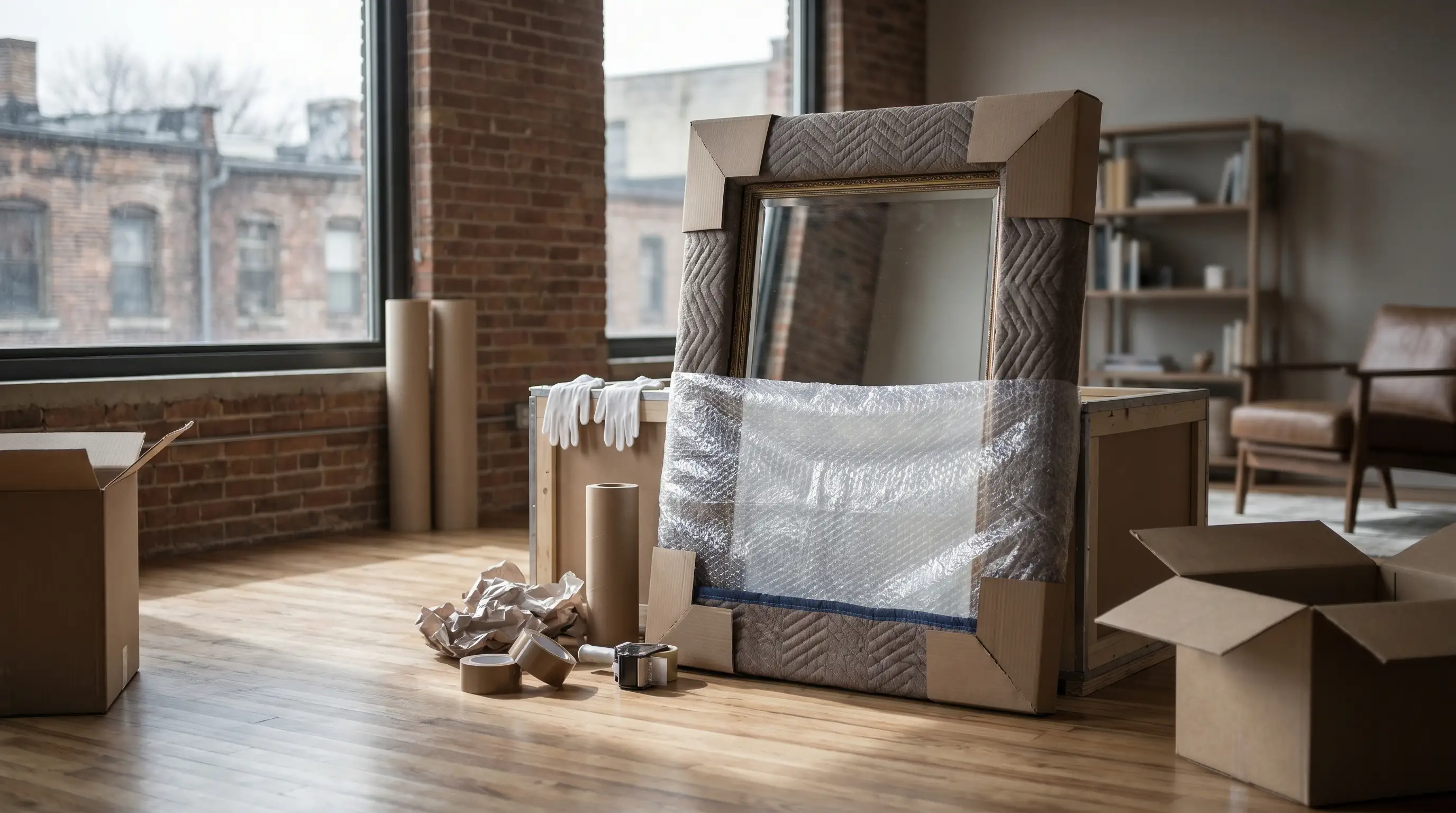 Two professional movers carrying furniture into a Portland, ME brick rowhouse on a sunny summer morning with a moving truck parked on the tree-lined street