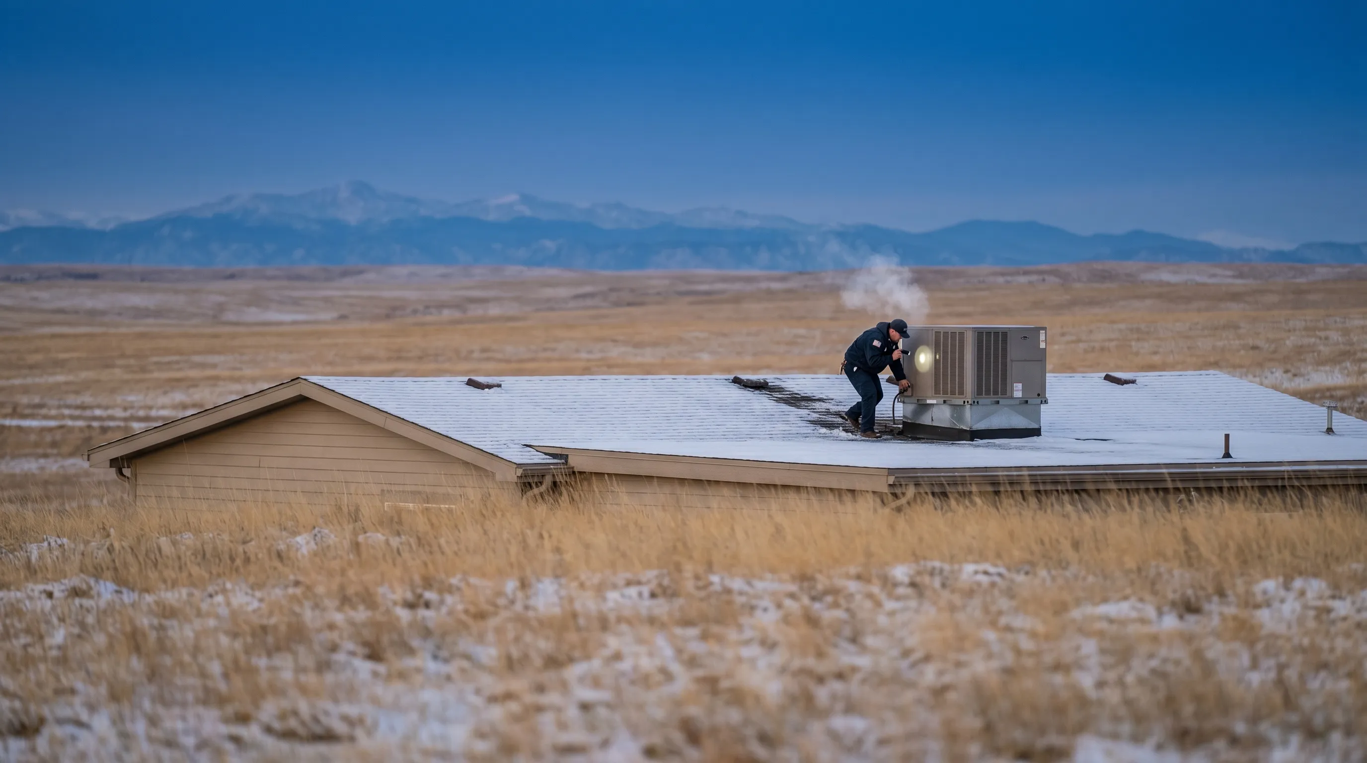 Professional HVAC technician inspecting a high-efficiency heating unit on a ranch-style home in Cheyenne, WY with Rocky Mountains in background