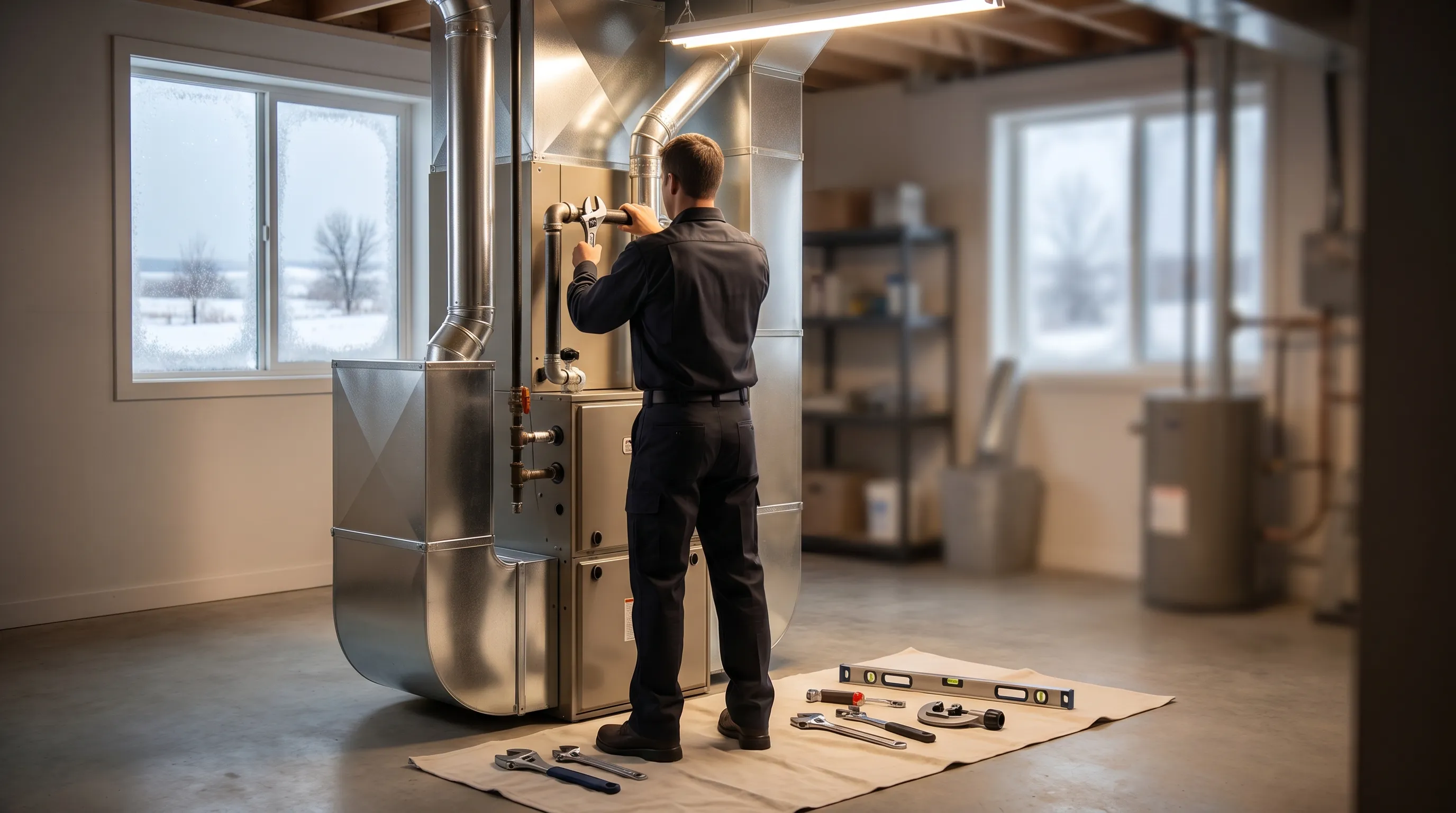 Professional HVAC technician inspecting a high-efficiency heating unit on a ranch-style home in Cheyenne, WY with Rocky Mountains in background