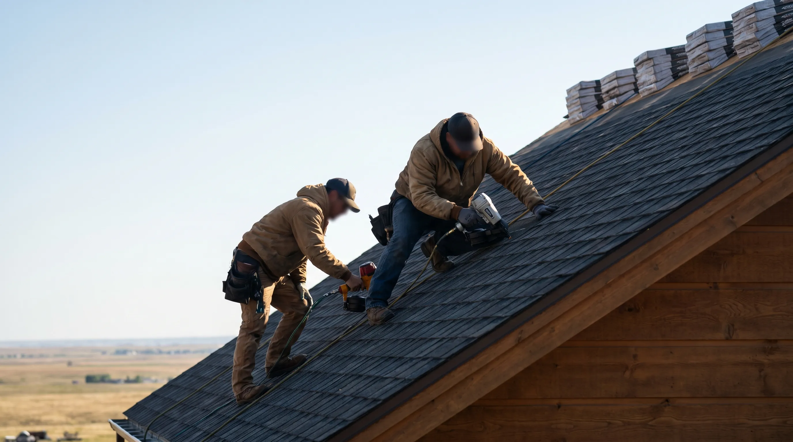 Roofing contractor in safety harness inspecting hail damage on a residential roof in Cheyenne, WY with Wyoming plains and storm clouds in background
