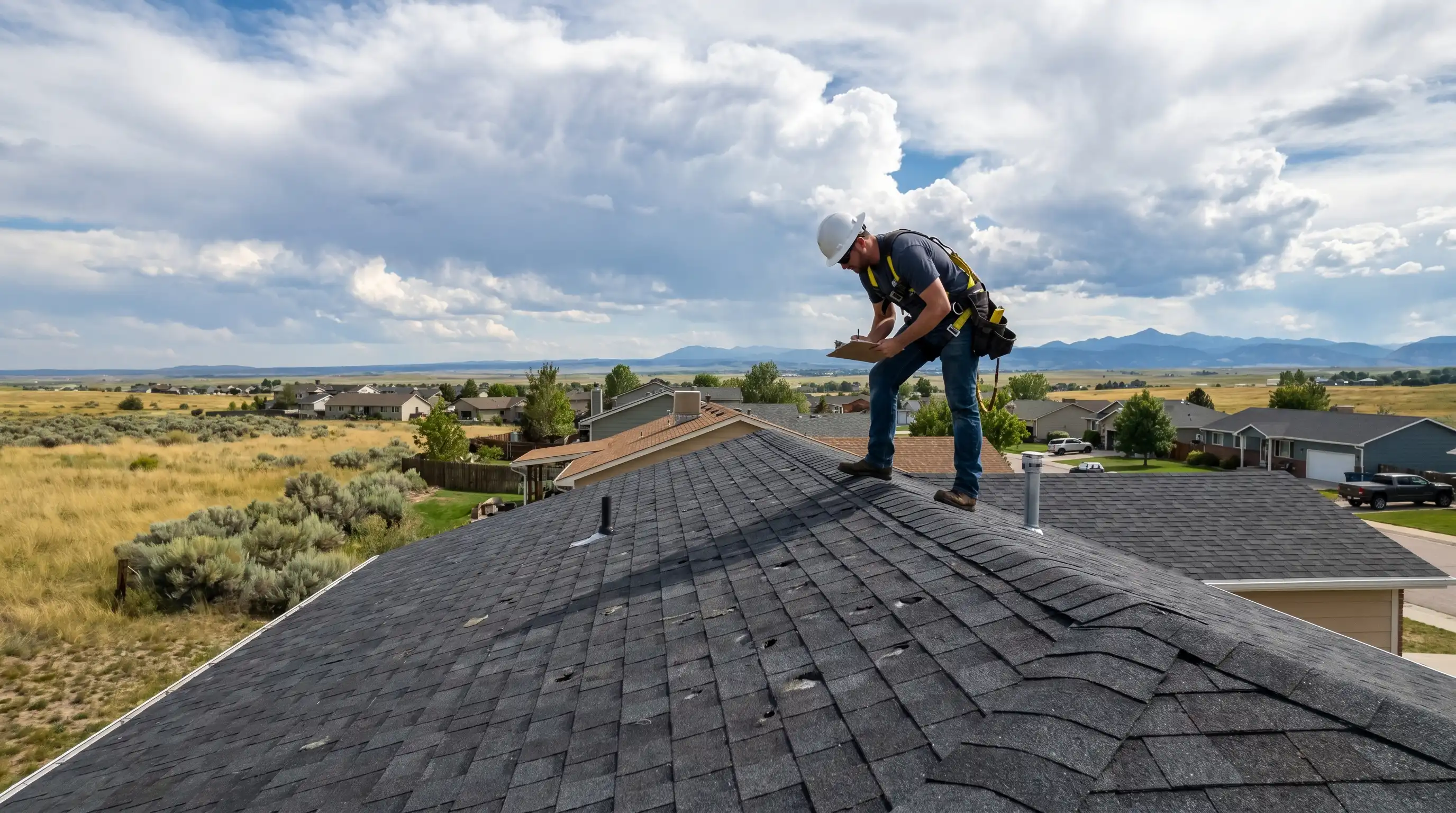 Roofing contractor in safety harness inspecting hail damage on a residential roof in Cheyenne, WY with Wyoming plains and storm clouds in background