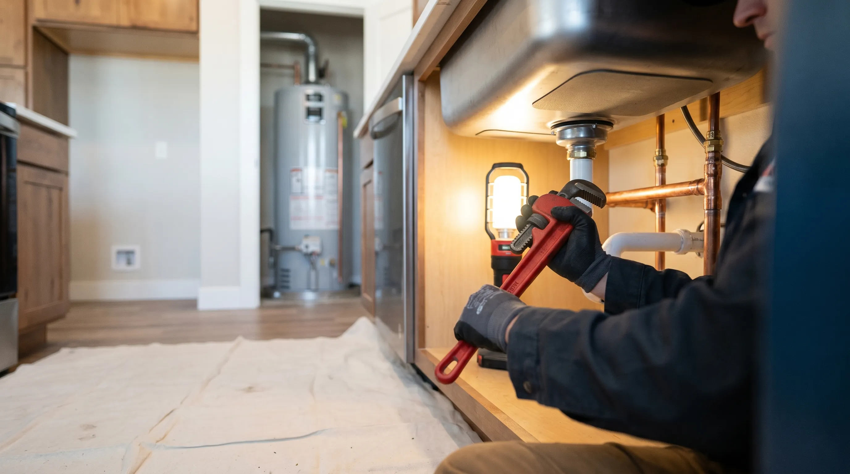 Professional plumber repairing a burst pipe on a Cheyenne, WY home in winter with snow visible through the basement window