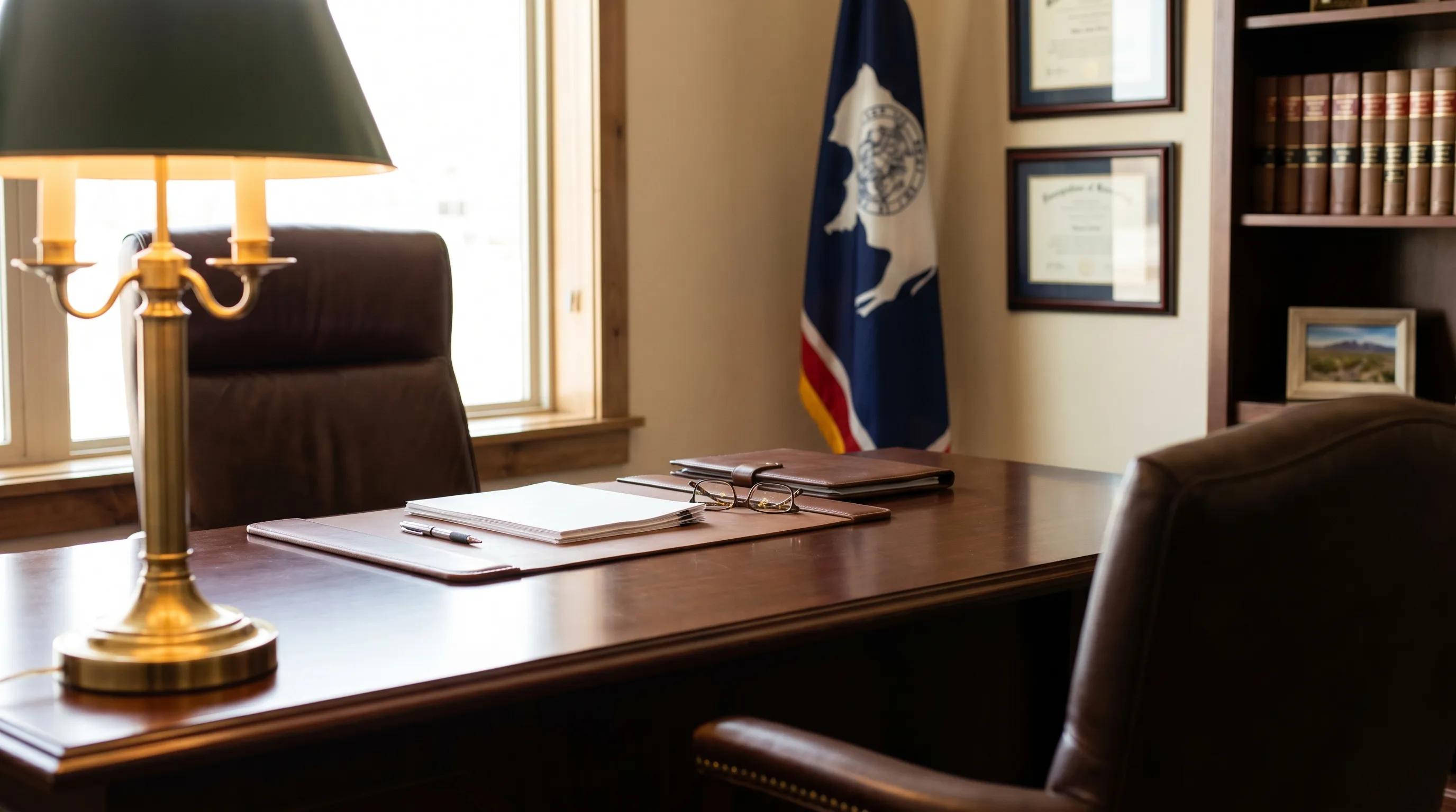 Professional attorney consulting with a military client at a desk in a Cheyenne, WY law office with Wyoming state flag in background