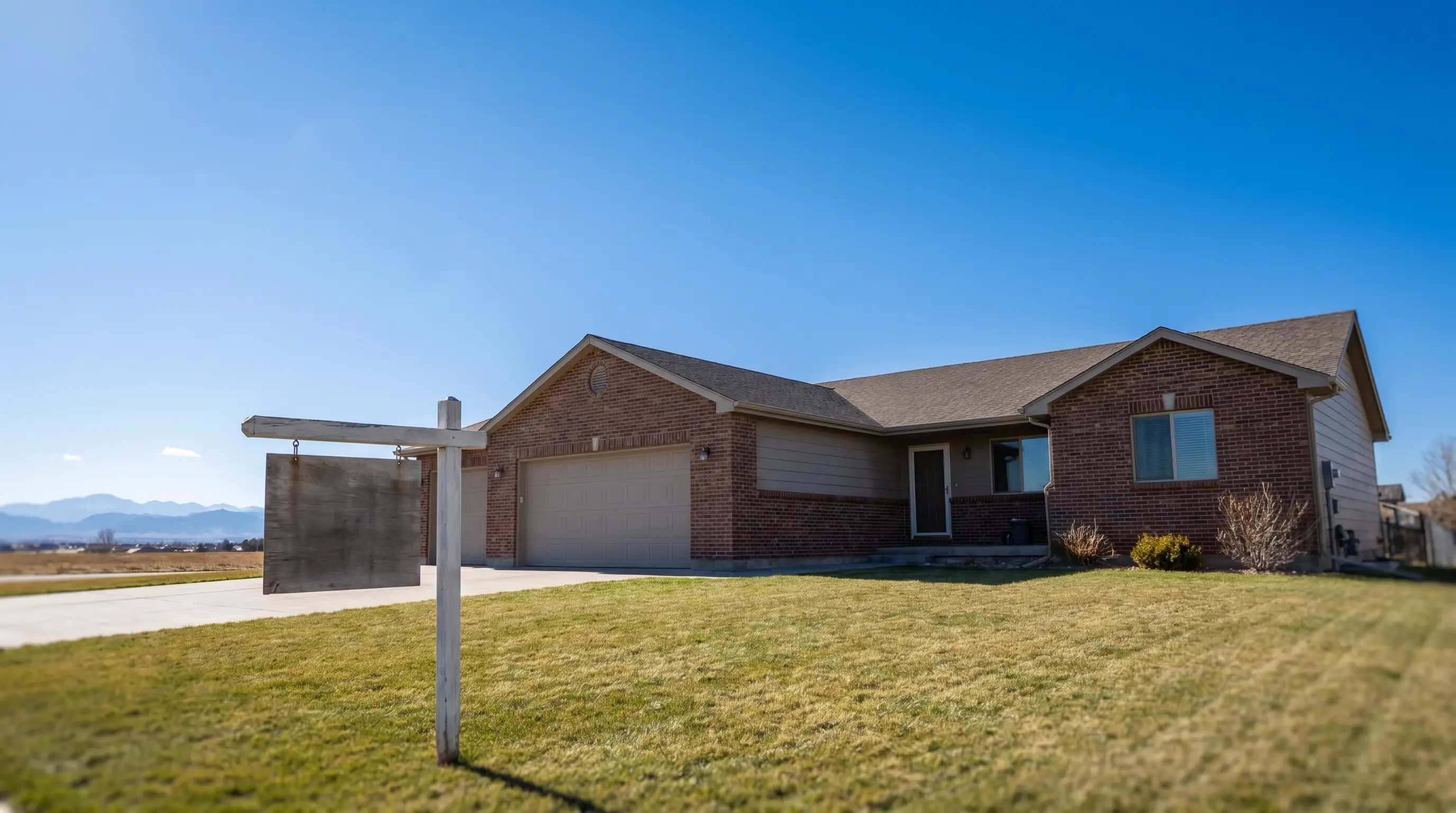 Real estate agent shaking hands with a military couple on the front steps of a Cheyenne, WY ranch-style home for sale with Rocky Mountains visible in the background