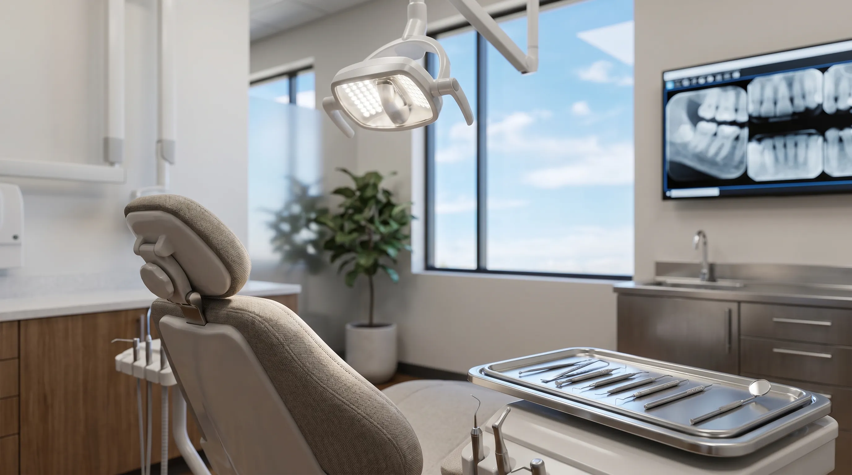Friendly dentist consulting with a patient in a modern dental practice in Cheyenne, WY with Wyoming blue sky visible through the window