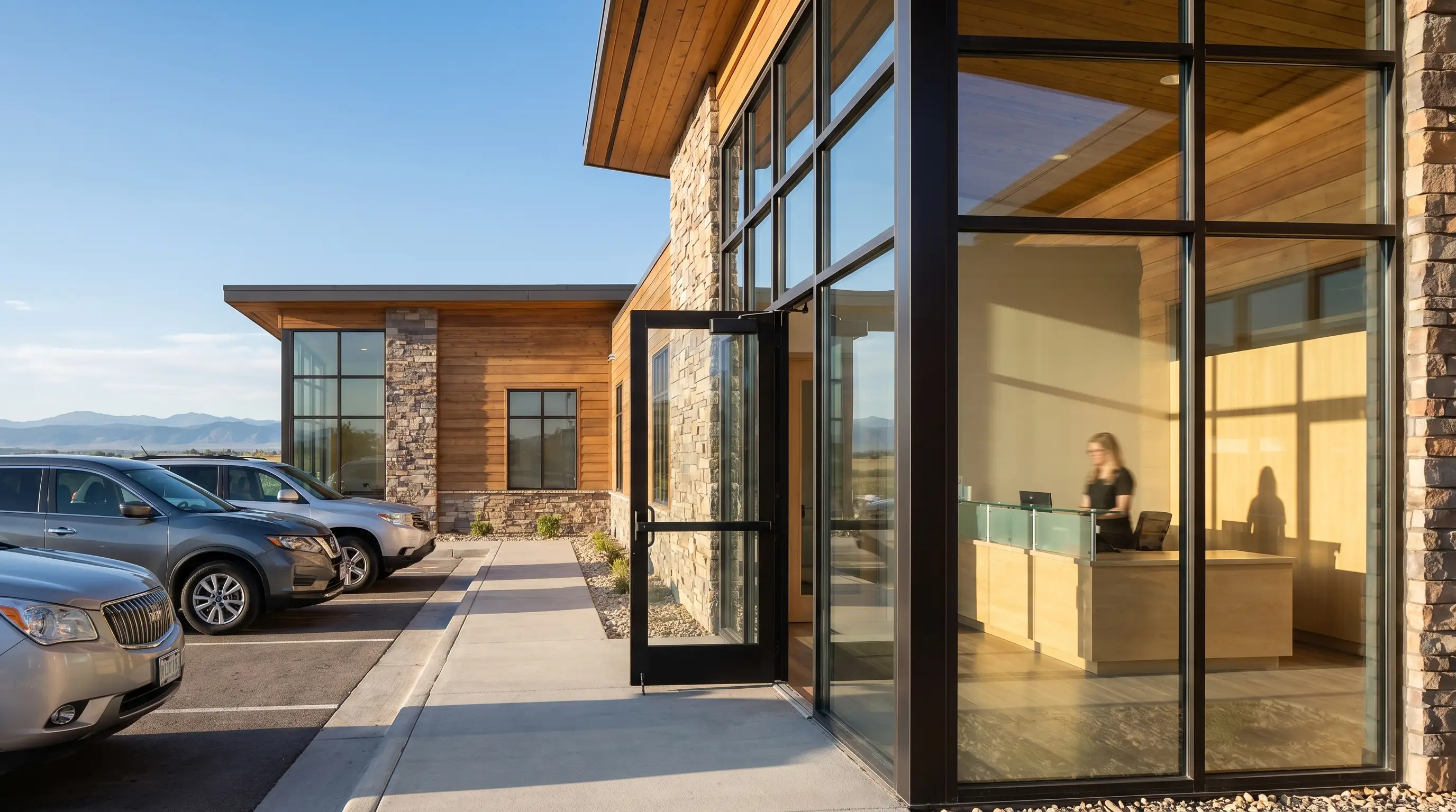 Friendly dentist consulting with a patient in a modern dental practice in Cheyenne, WY with Wyoming blue sky visible through the window