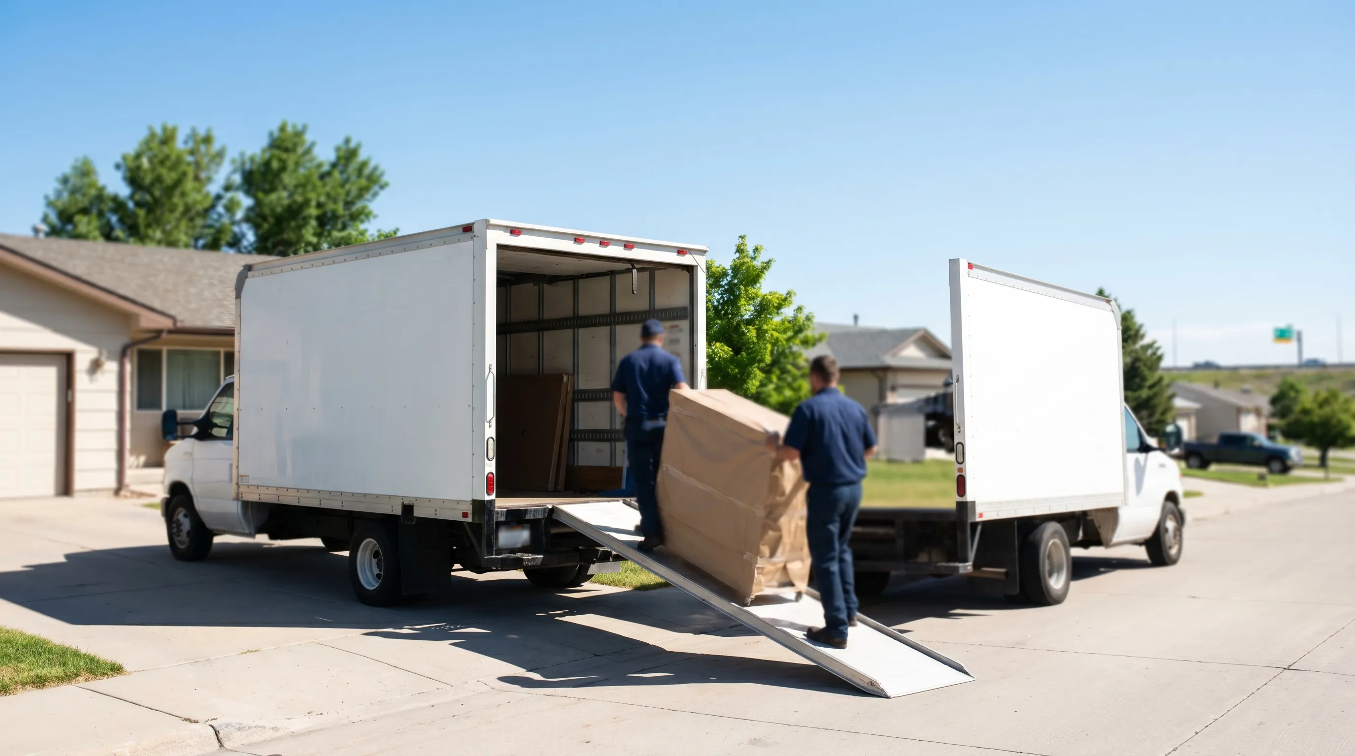 Professional movers in branded uniforms loading a moving truck outside a Cheyenne, WY ranch home on a sunny summer morning with Wyoming plains in the background
