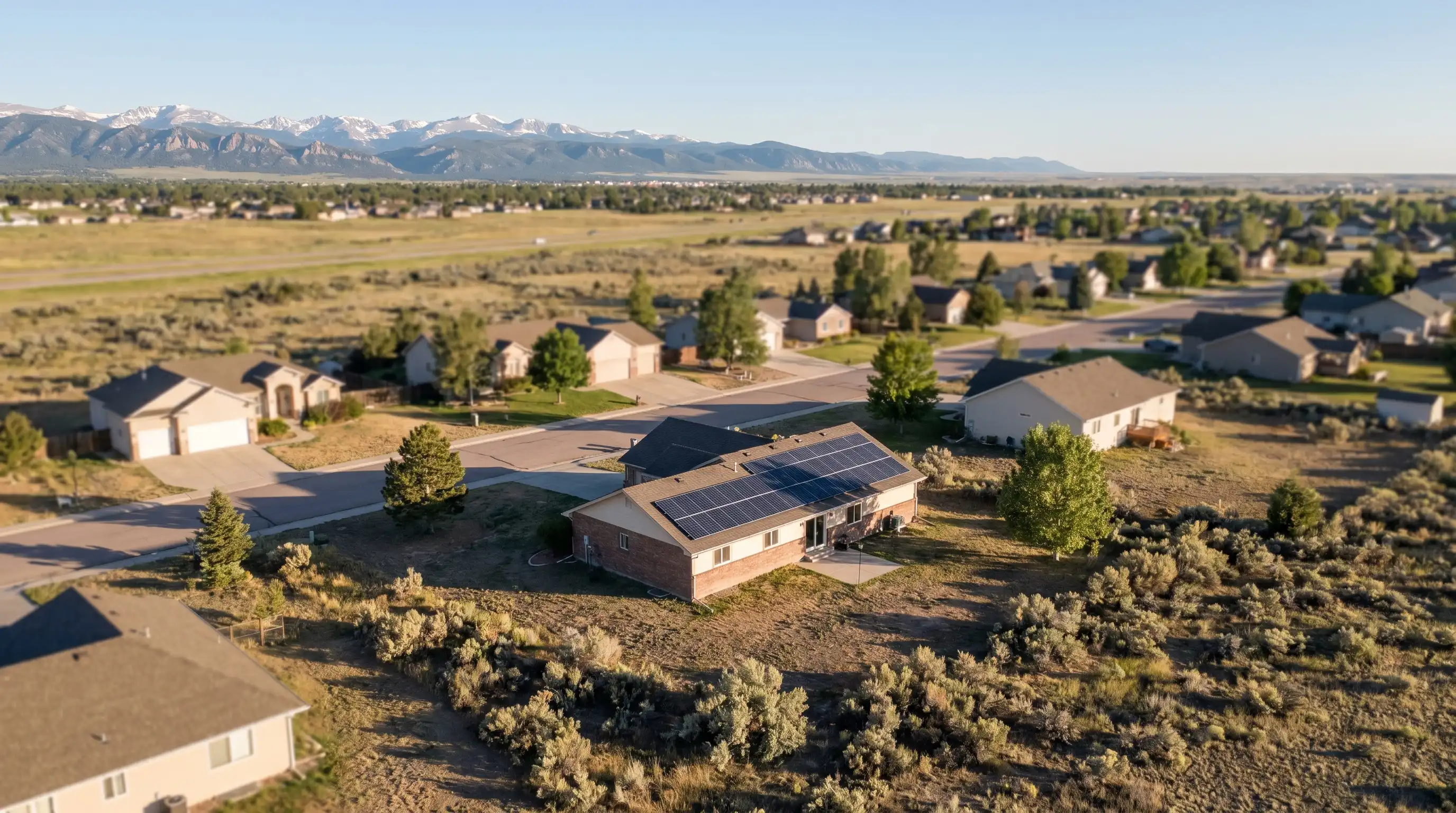 Solar technician installing panels on a Cheyenne, WY residential roof with the Rocky Mountains visible in the background under a clear Wyoming sky