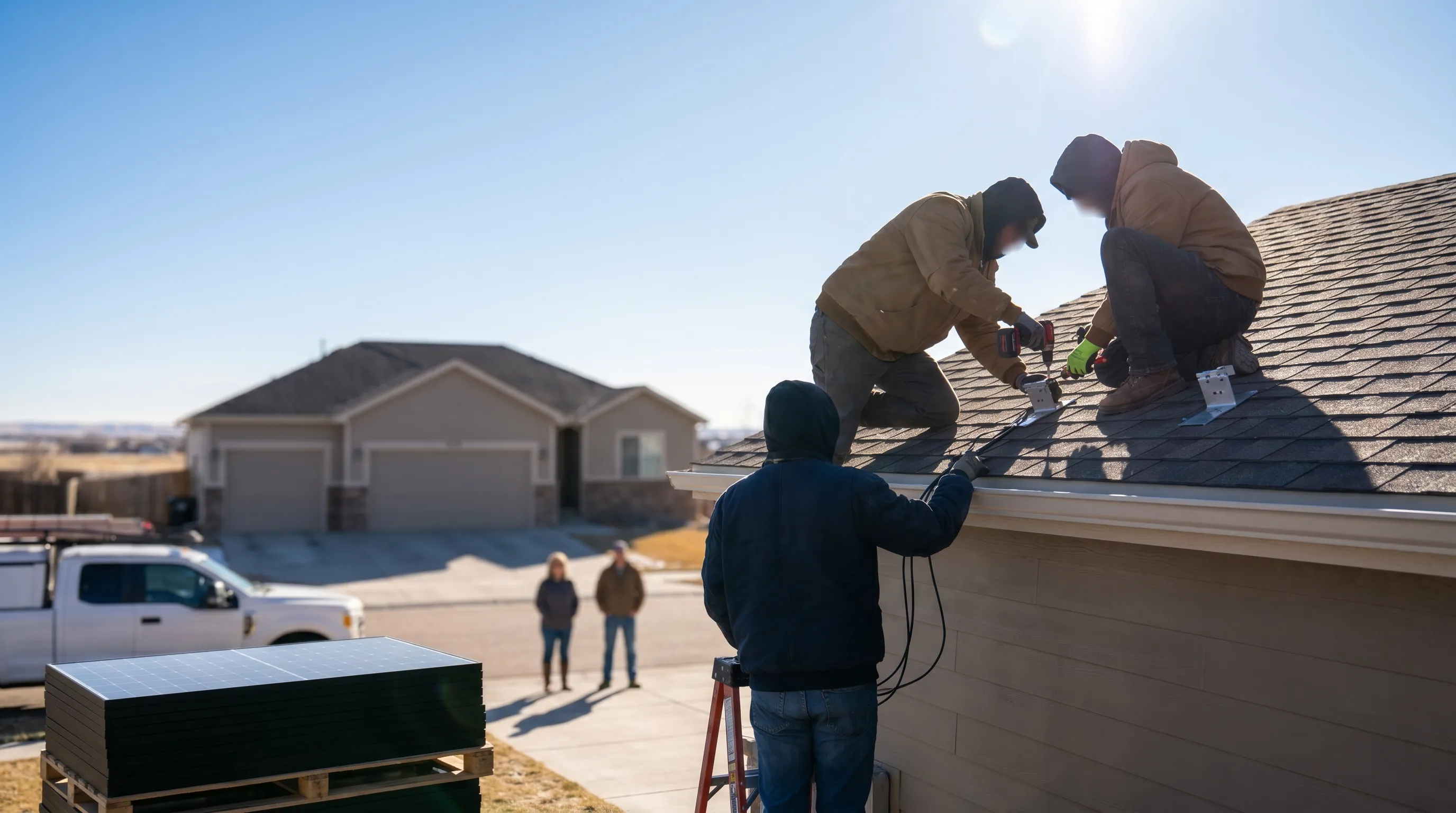 Solar technician installing panels on a Cheyenne, WY residential roof with the Rocky Mountains visible in the background under a clear Wyoming sky