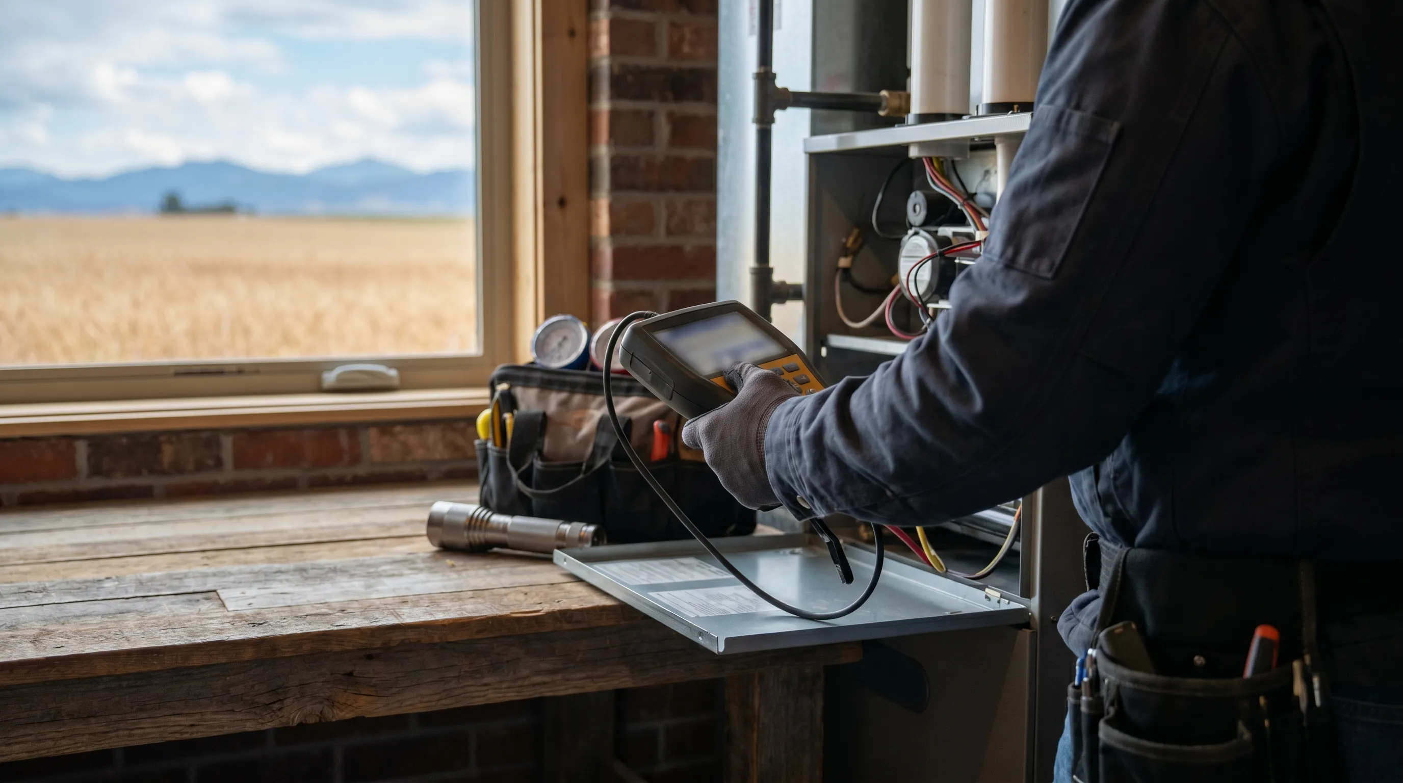 Professional HVAC technician inspecting a residential furnace in a Great Falls, MT home