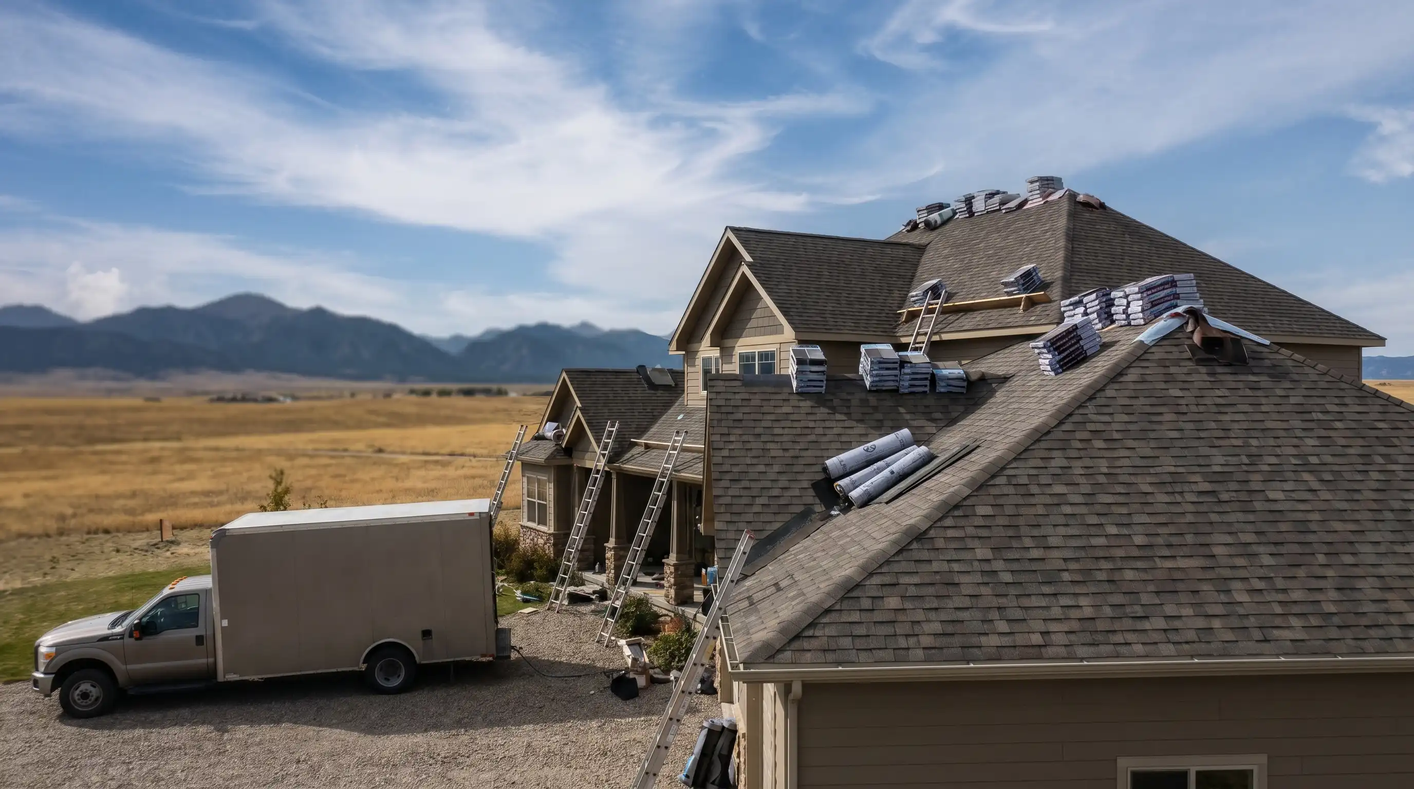 Roofing inspector examining hail-damaged shingles on a Great Falls, MT residential roof