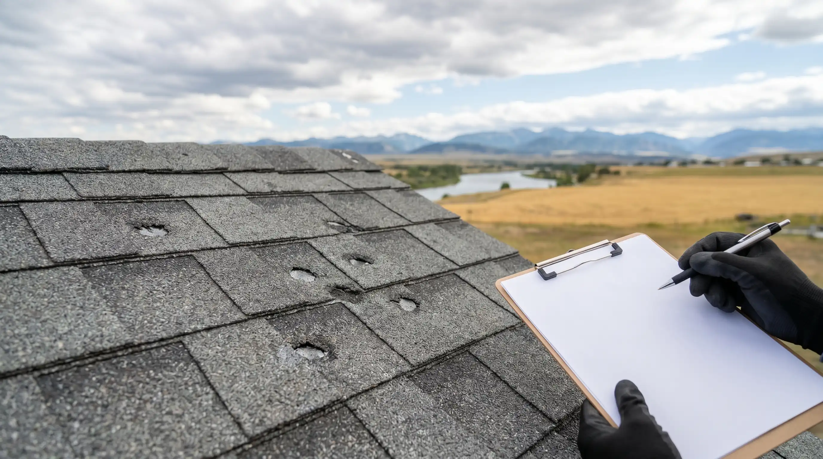 Roofing inspector examining hail-damaged shingles on a Great Falls, MT residential roof