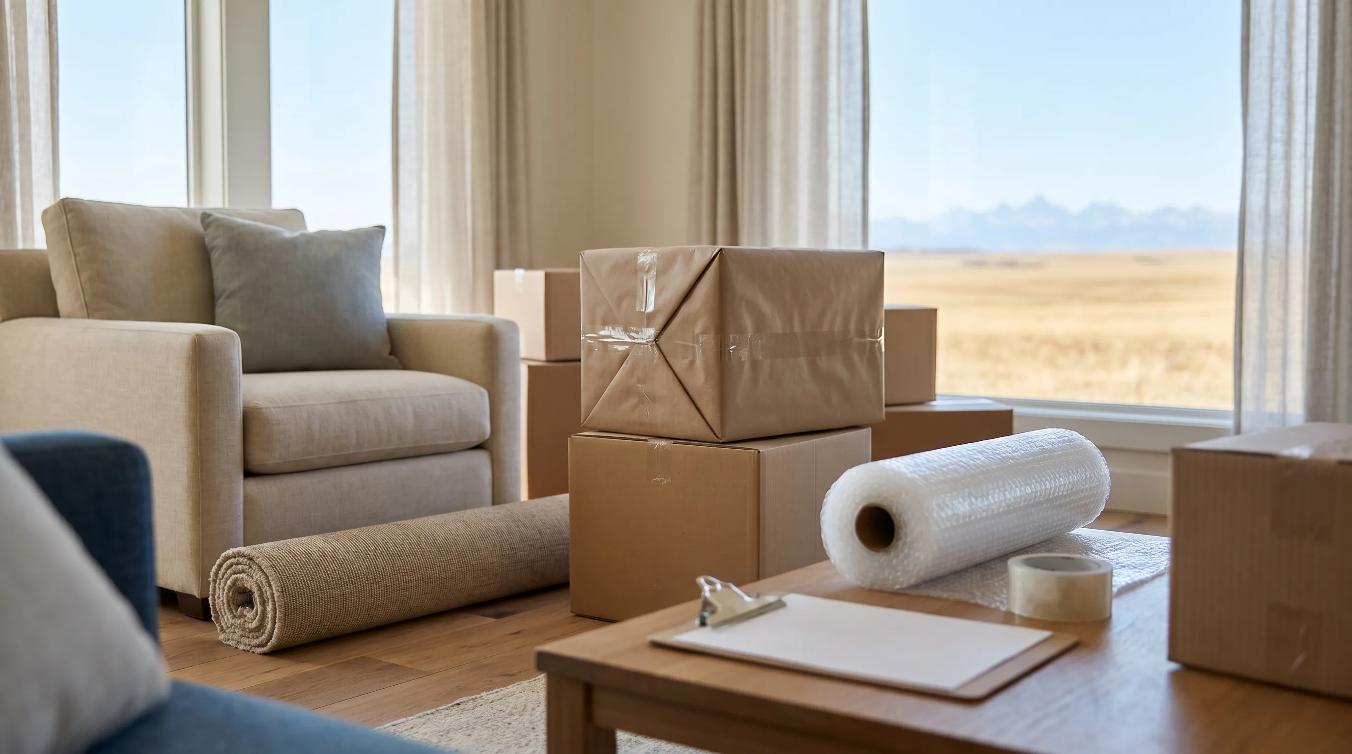 Professional movers carefully loading furniture into a branded moving truck in front of a Great Falls, MT residential home