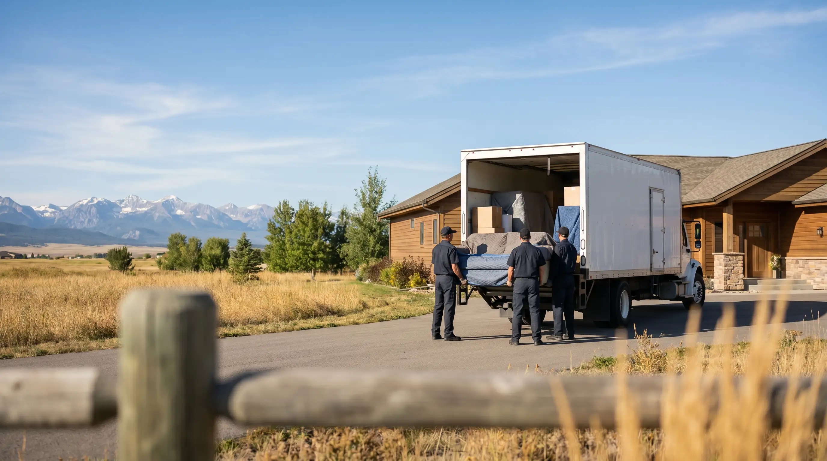Professional movers carefully loading furniture into a branded moving truck in front of a Great Falls, MT residential home