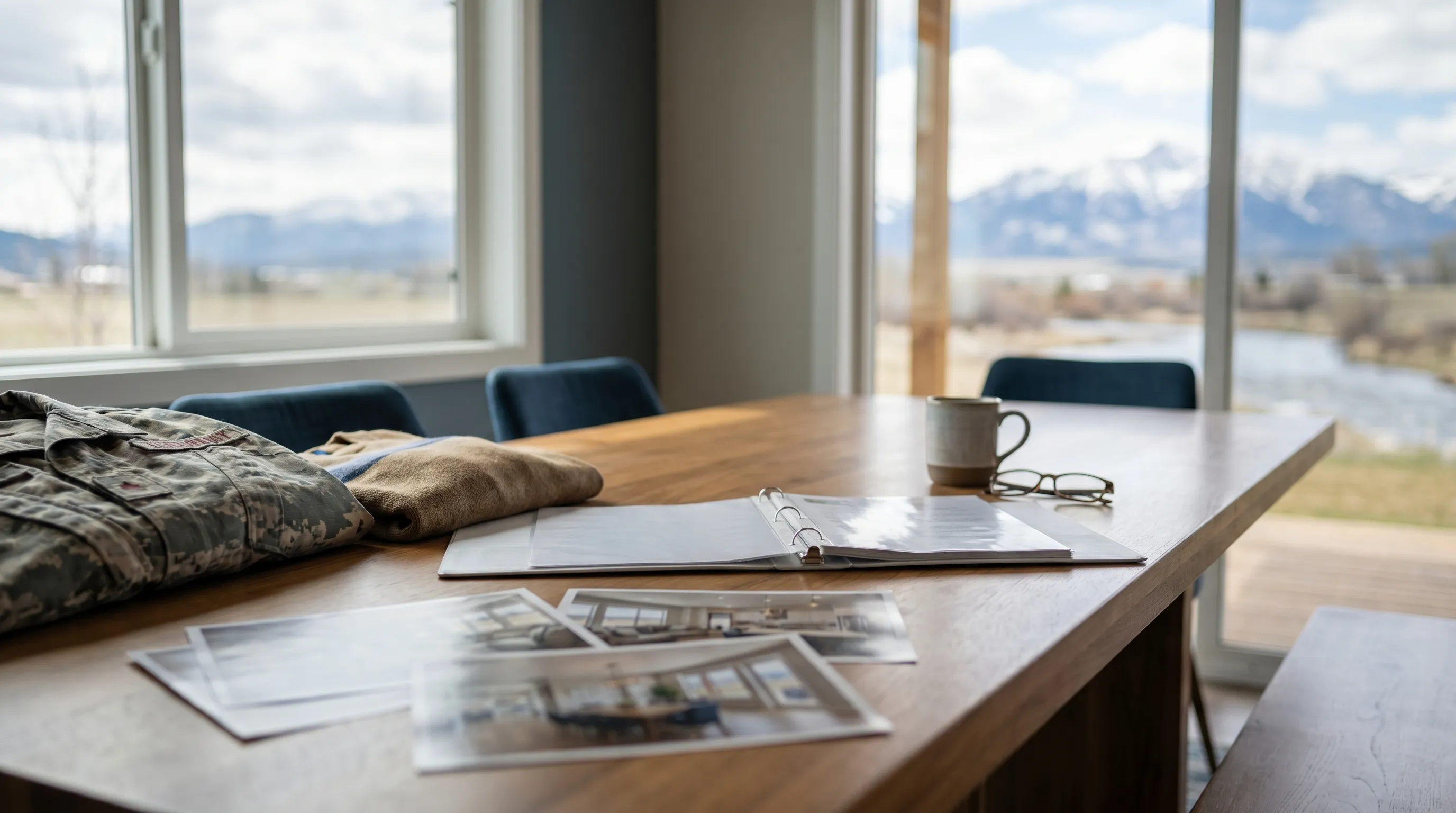 Professional real estate agent reviewing home listing documents with a military couple at a dining table in a Great Falls, MT home