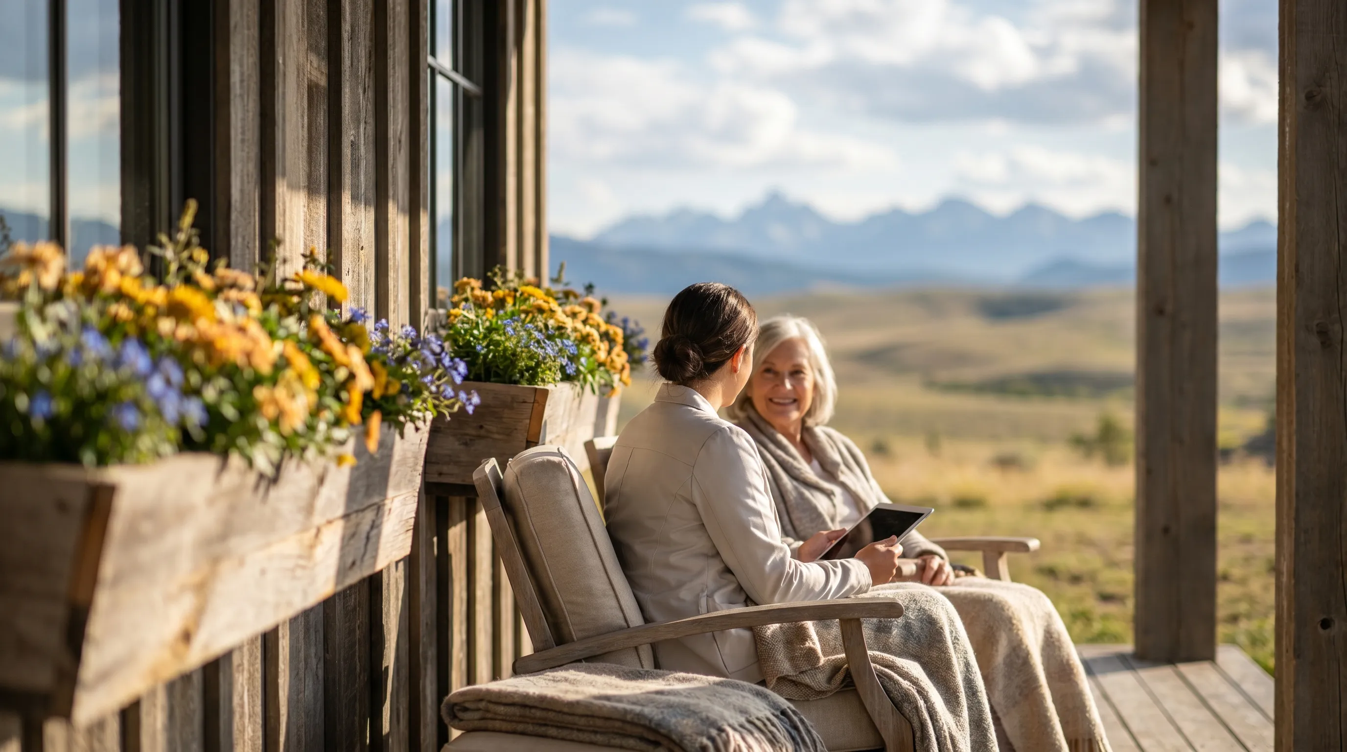 Professional home care aide assisting an elderly man with gentle morning exercises in a comfortable Great Falls, MT living room
