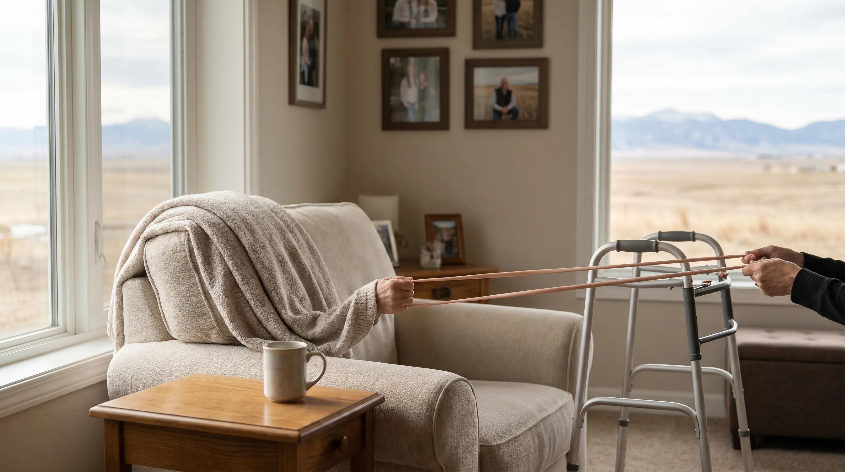 Professional home care aide assisting an elderly man with gentle morning exercises in a comfortable Great Falls, MT living room