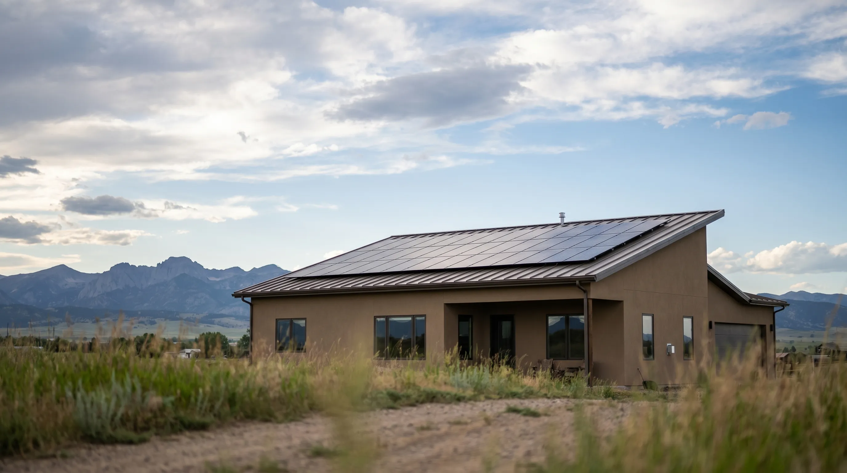 Professional solar technician installing panels on a residential rooftop against a dramatic Big Sky backdrop in Great Falls, MT