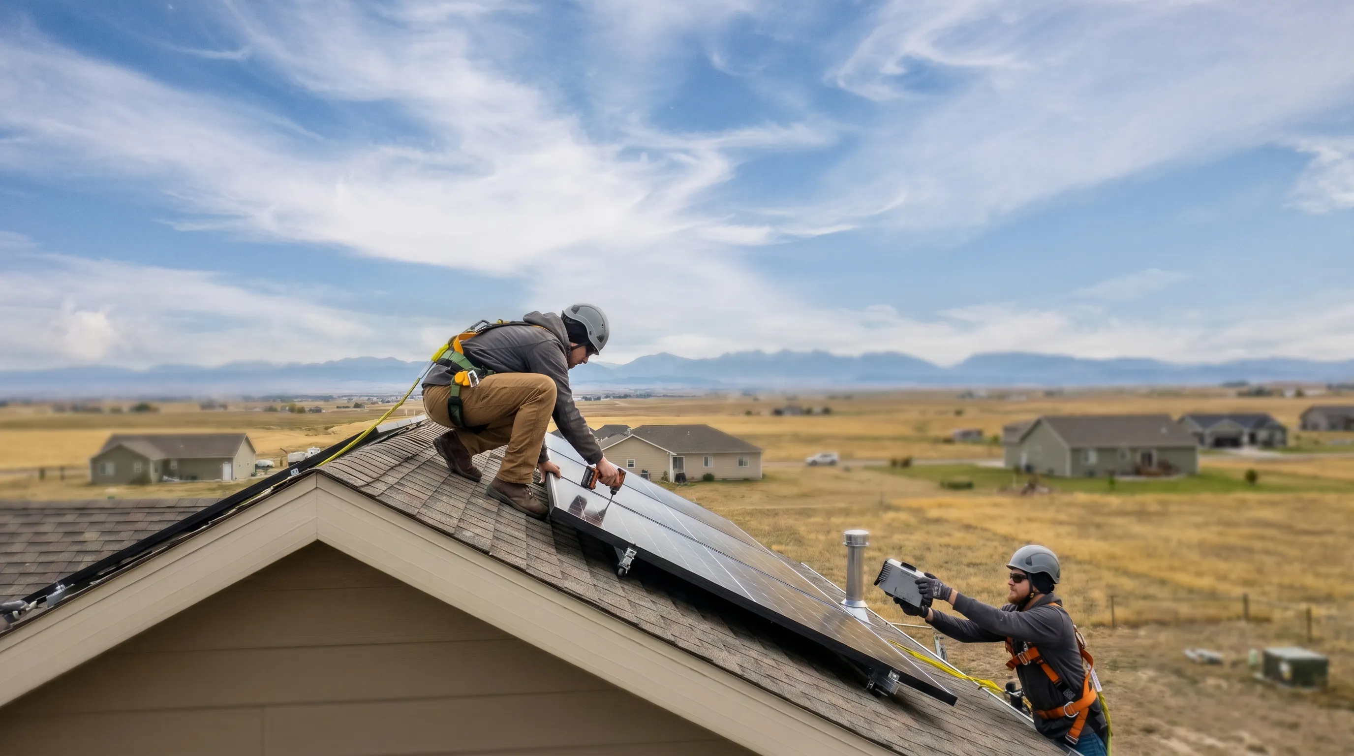 Professional solar technician installing panels on a residential rooftop against a dramatic Big Sky backdrop in Great Falls, MT