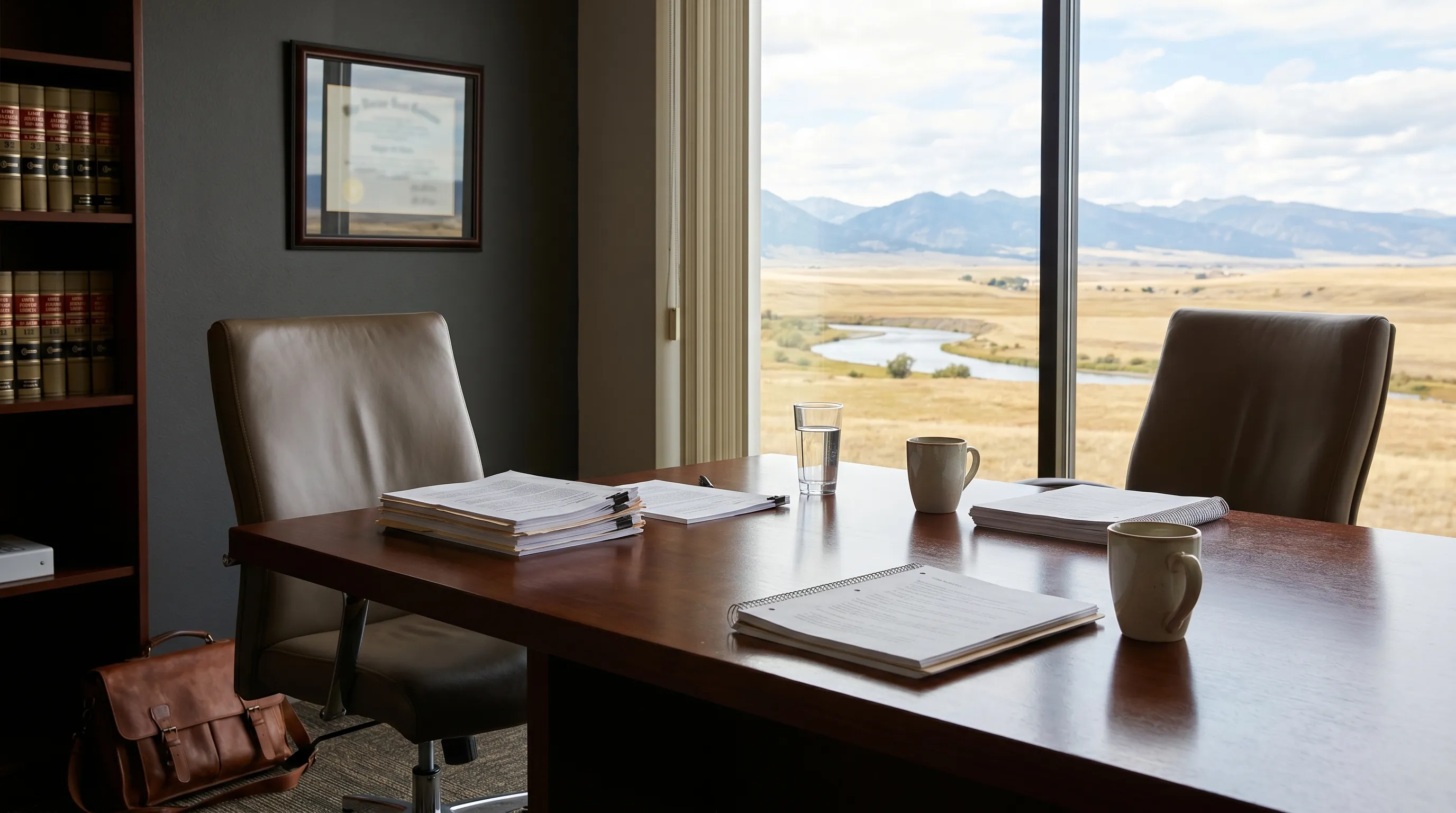 Professional attorney reviewing case documents with a client across a conference table in a Great Falls, MT law office