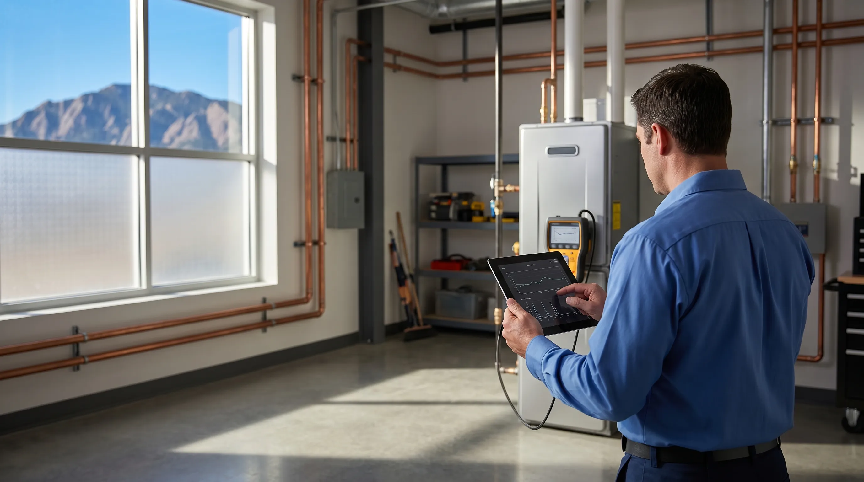 Professional HVAC technician servicing a furnace in a Casper, WY home mechanical room