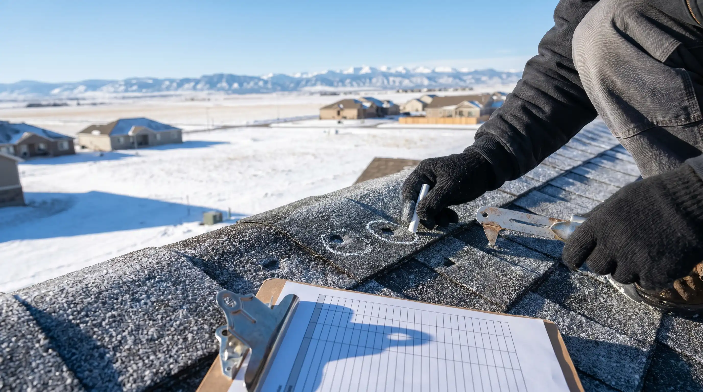 Roofing contractor inspecting hail damage on an asphalt shingle roof in Casper, WY