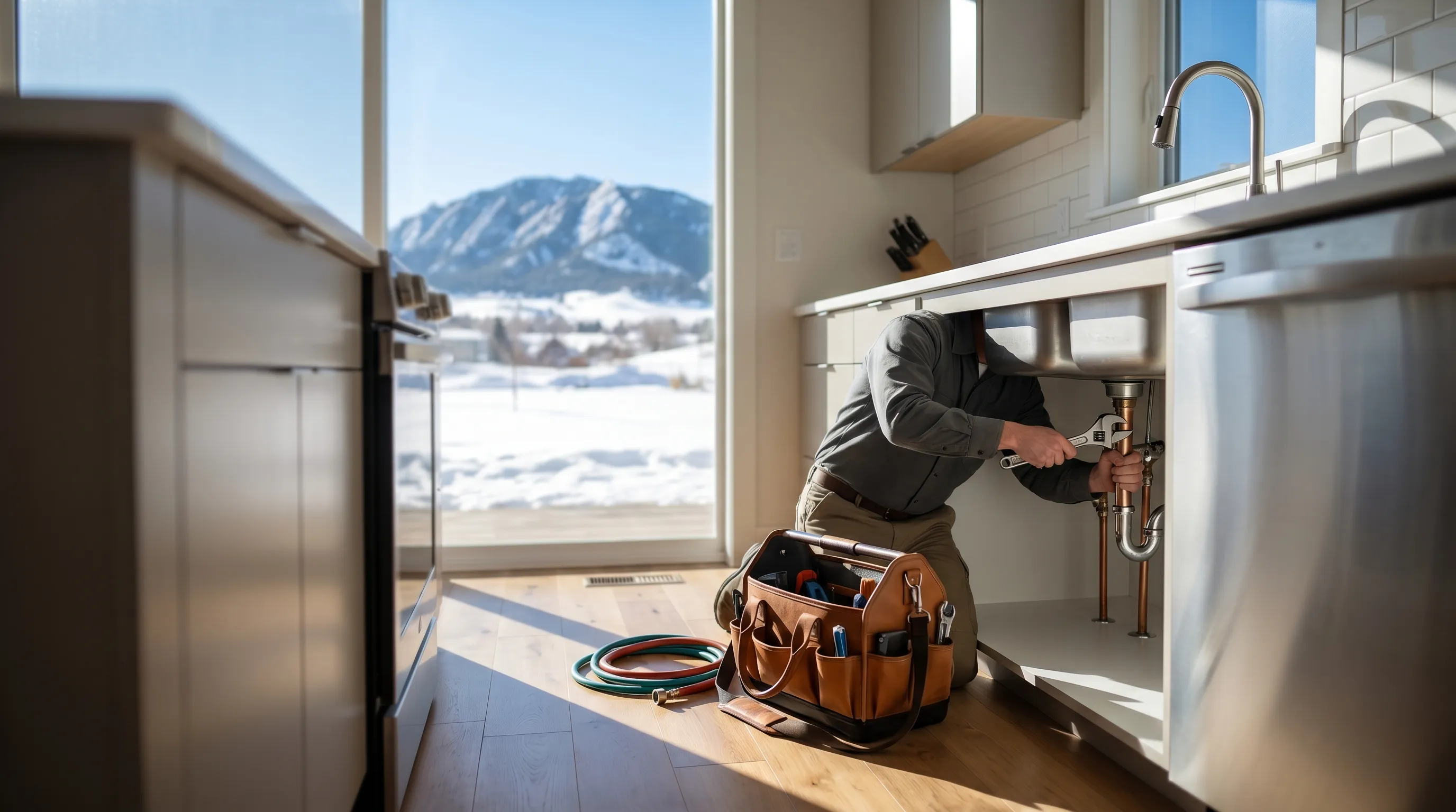 Licensed plumber repairing copper pipe connections under a kitchen sink in a Casper, WY home