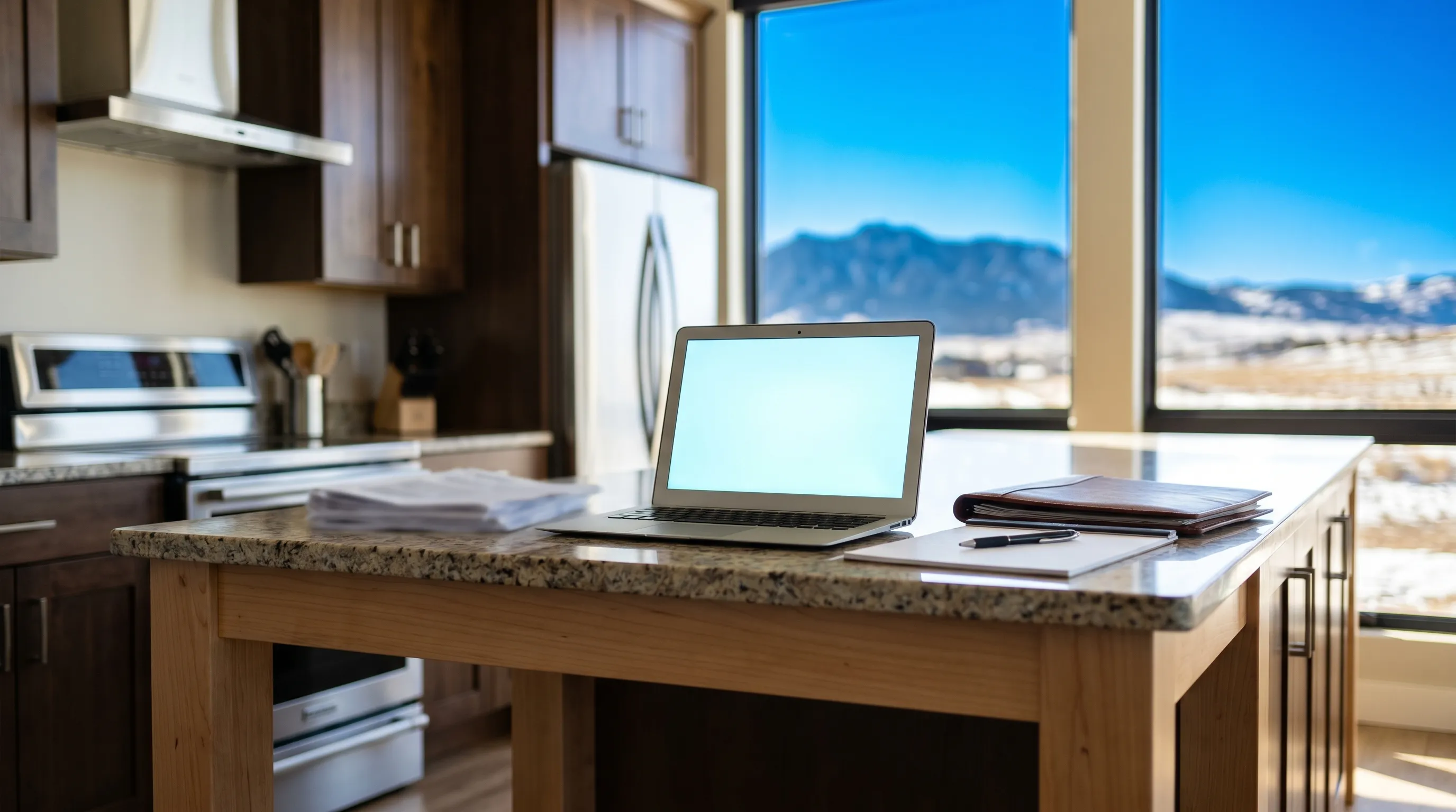 Real estate agent meeting with clients reviewing MLS listings in a Casper, WY kitchen