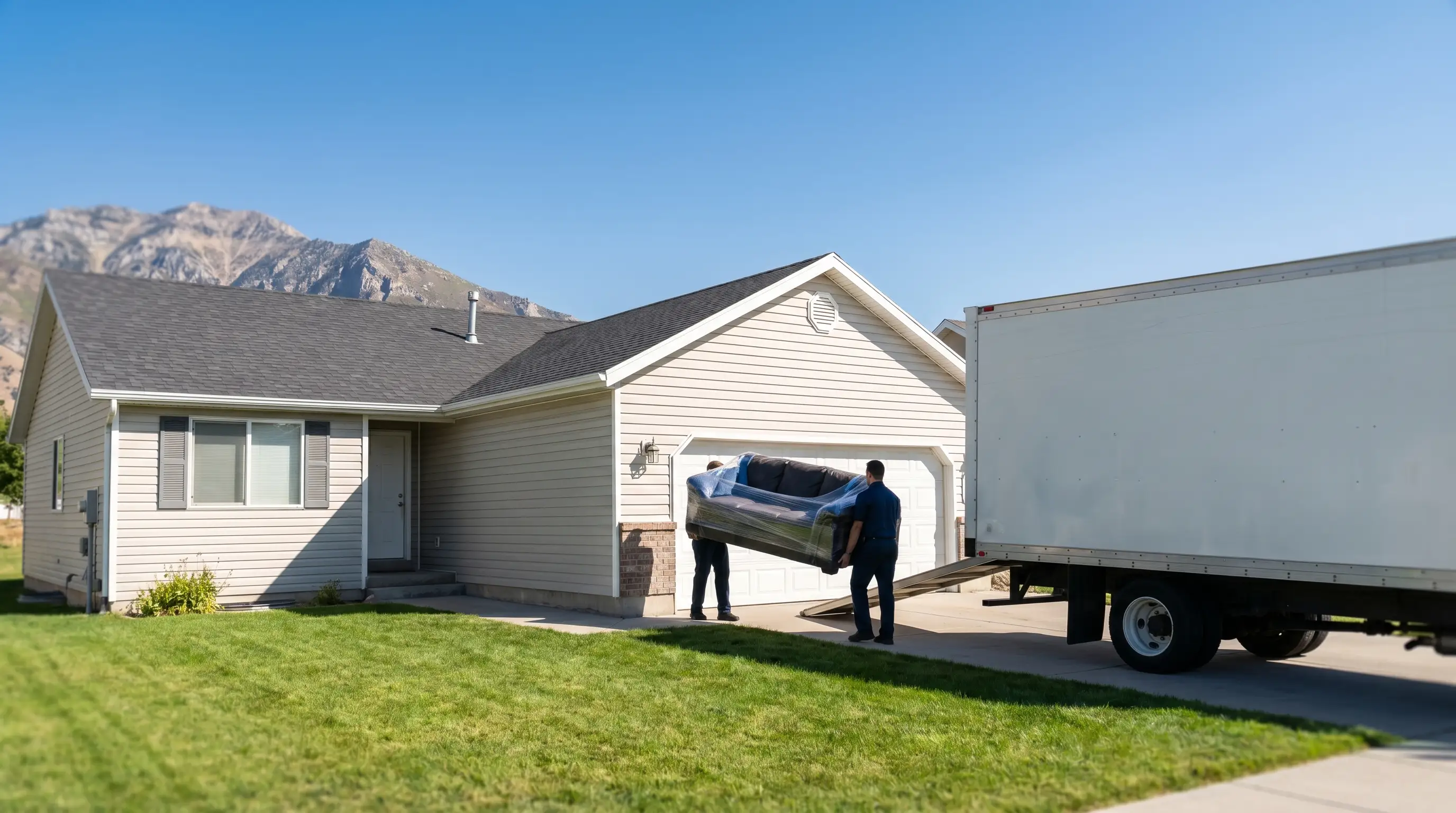 Moving crew carefully loading furniture onto a branded moving truck in front of a Casper, WY ranch-style home
