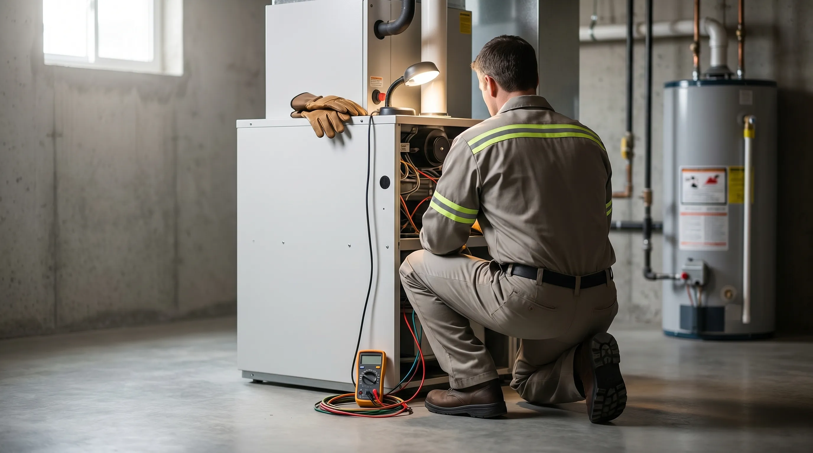 Professional HVAC technician servicing a furnace in a Grand Forks, ND basement utility room