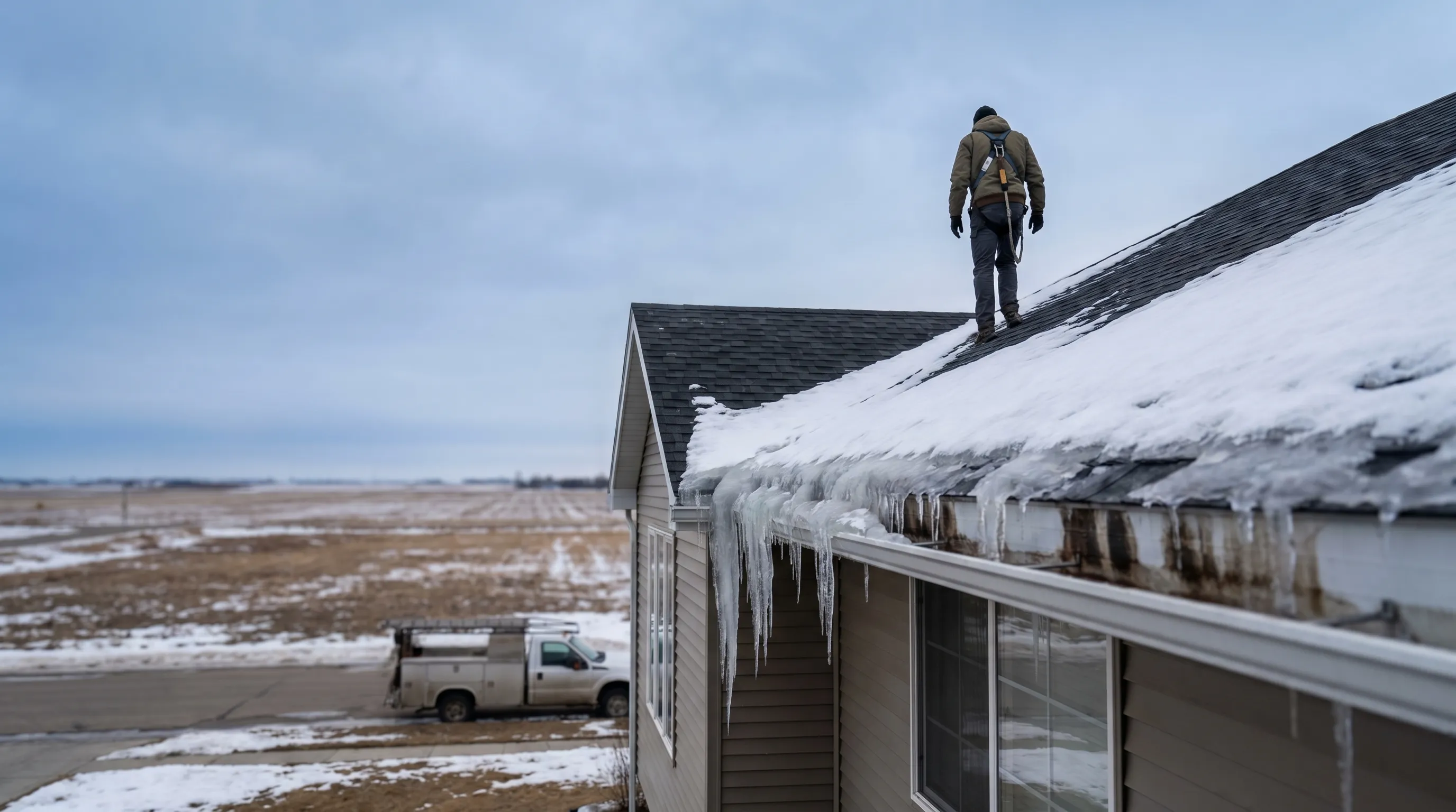 Professional roofers installing new shingles on a residential home in Grand Forks, ND with flat plains horizon visible