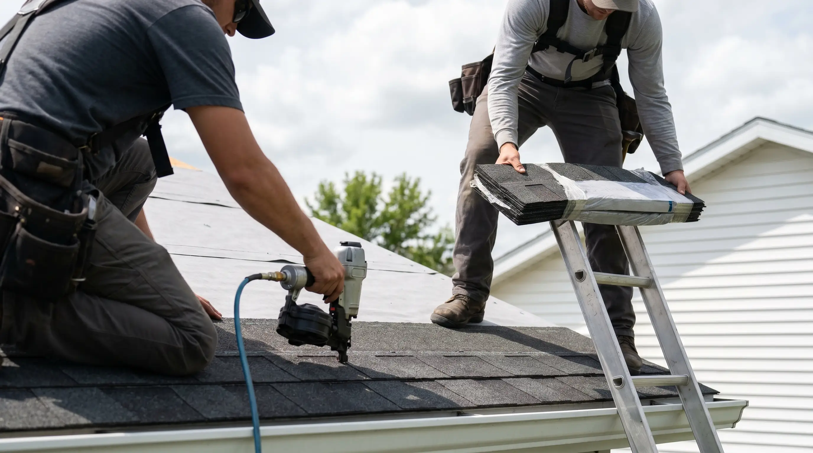 Professional roofers installing new shingles on a residential home in Grand Forks, ND with flat plains horizon visible